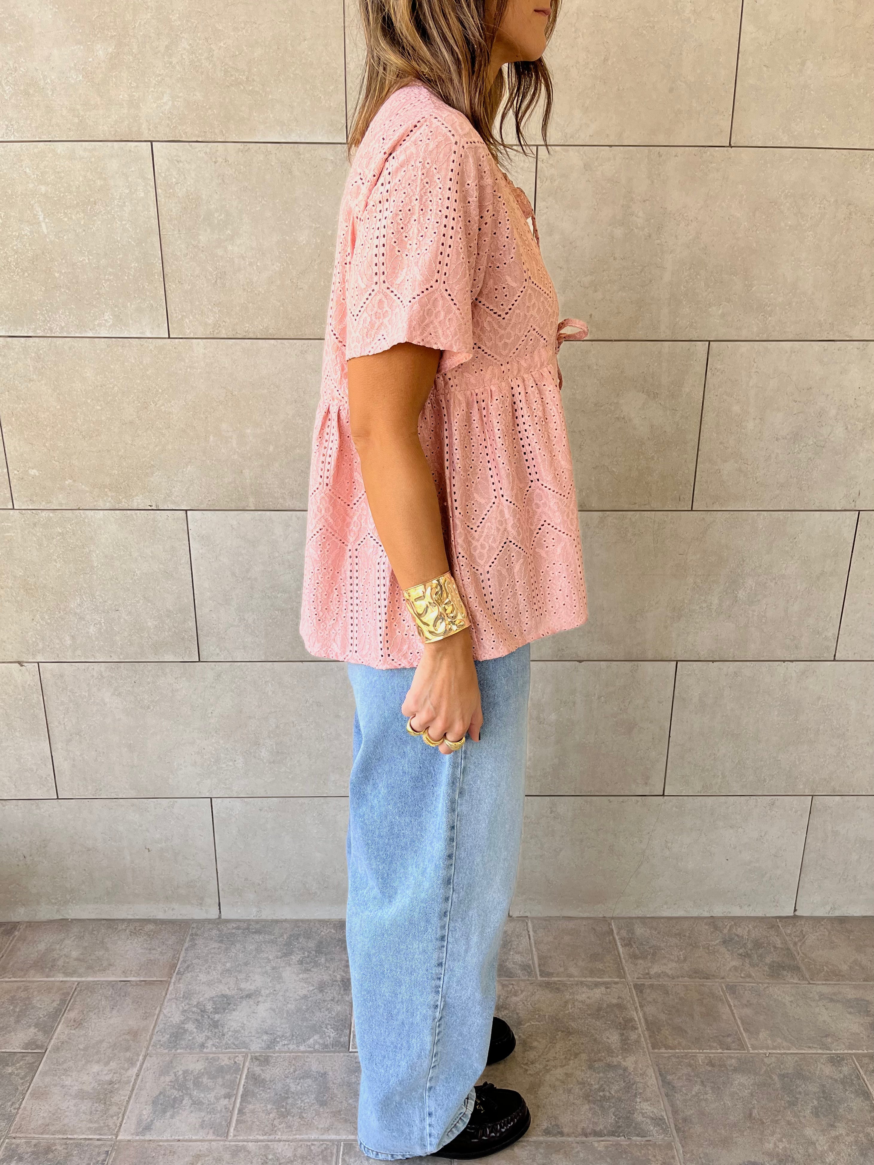Pink Romantic Eyelet Shirt Top