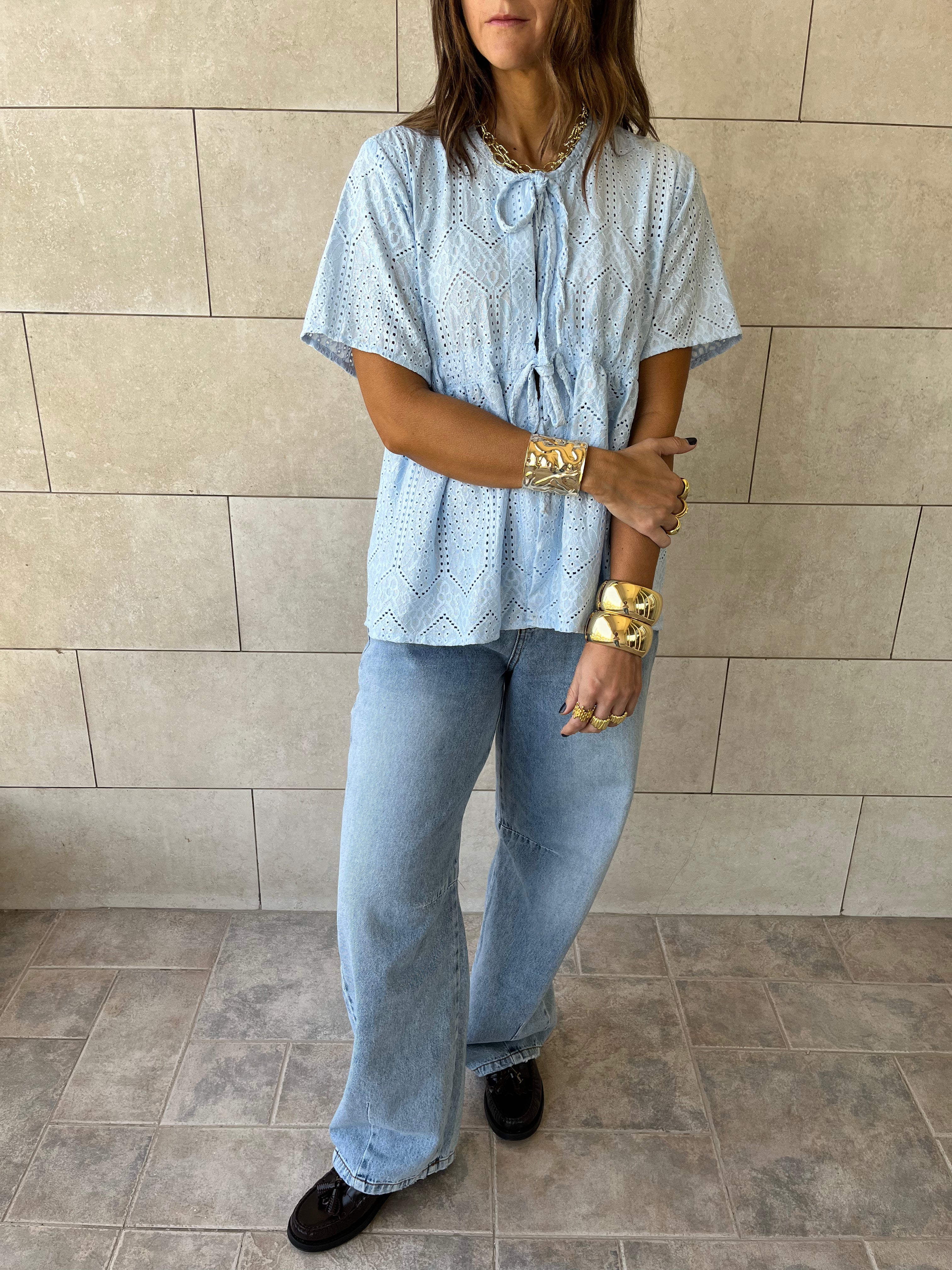 Baby Blue Romantic Eyelet Shirt Top