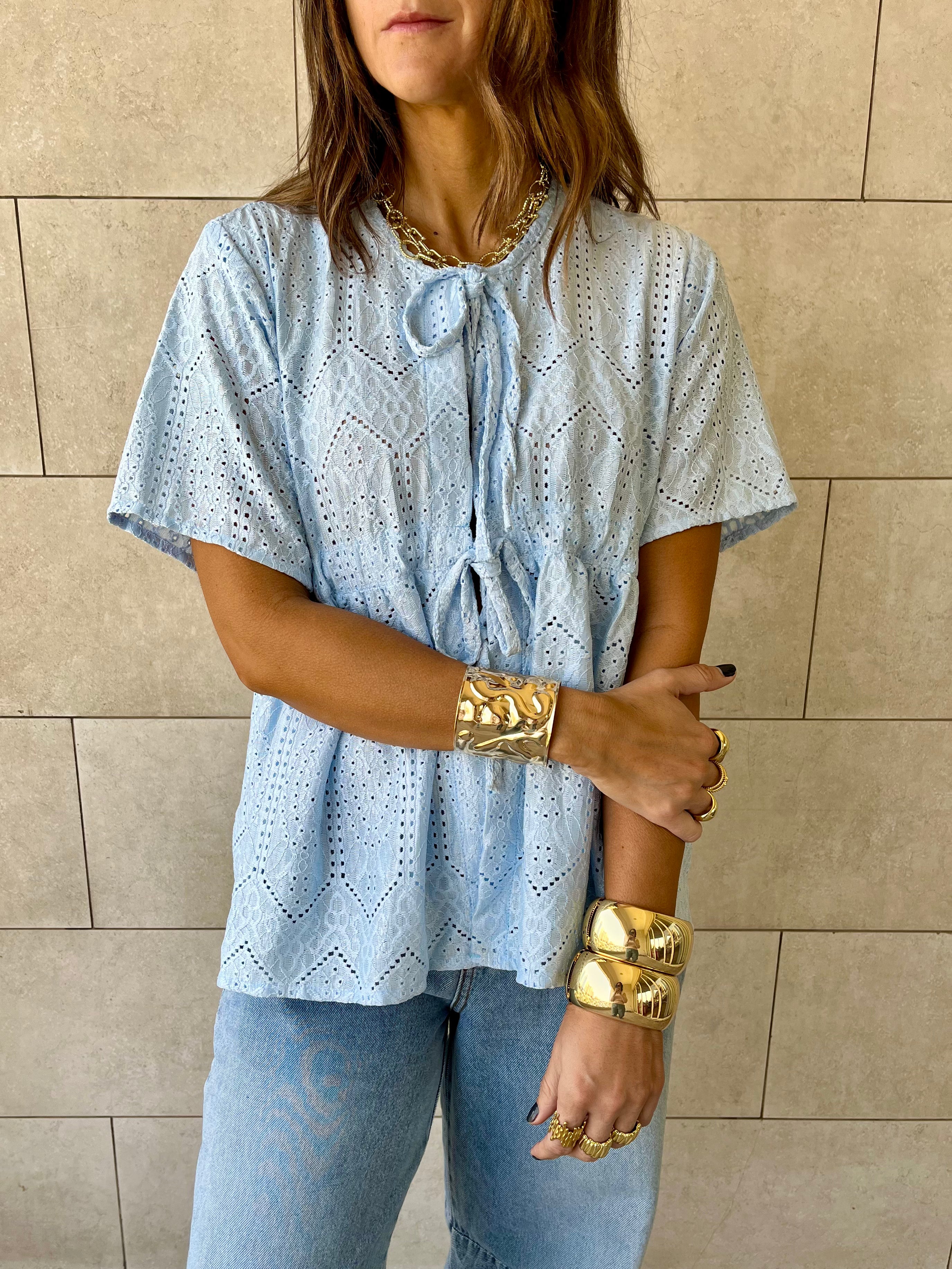 Baby Blue Romantic Eyelet Shirt Top