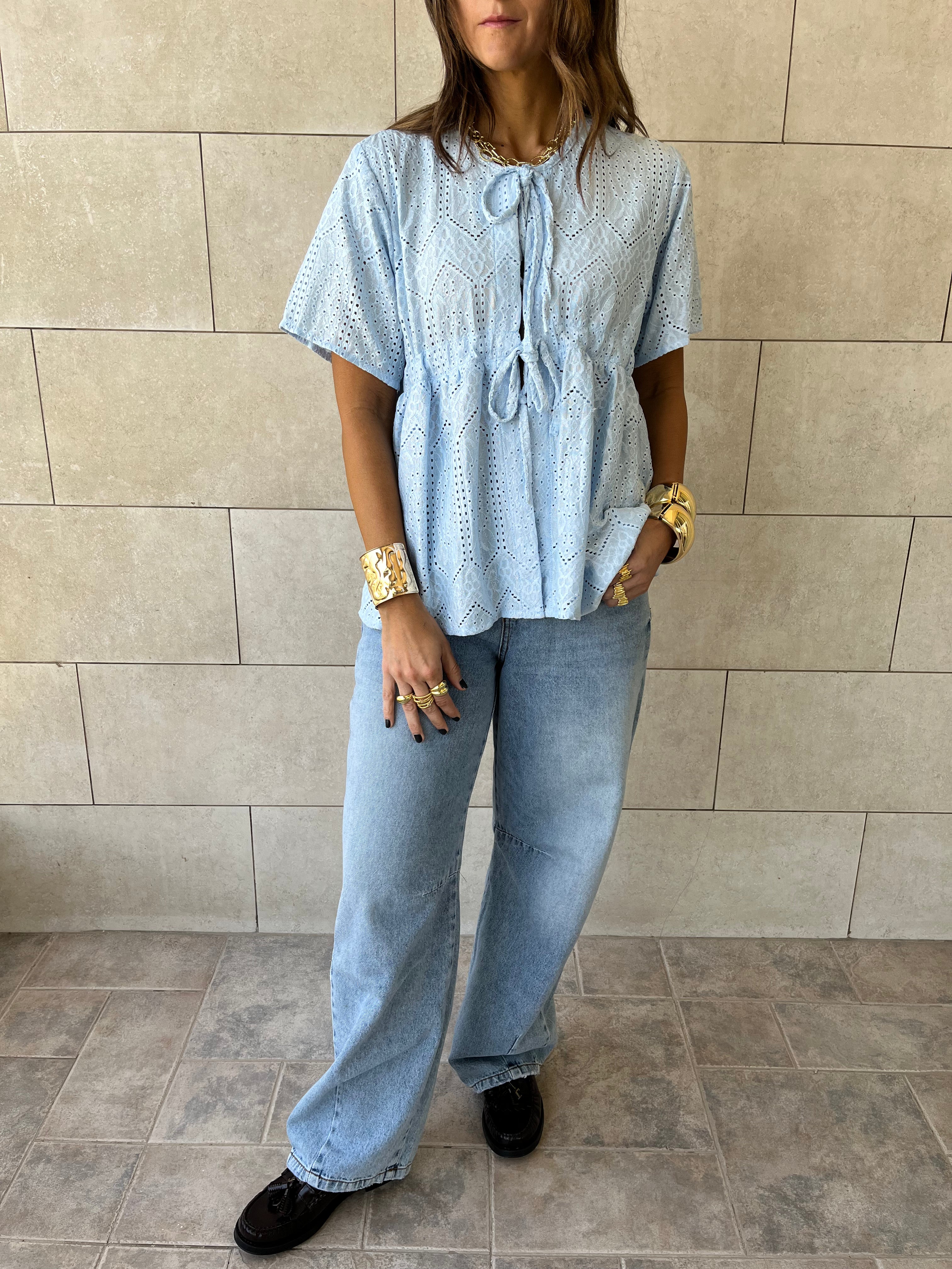 Baby Blue Romantic Eyelet Shirt Top
