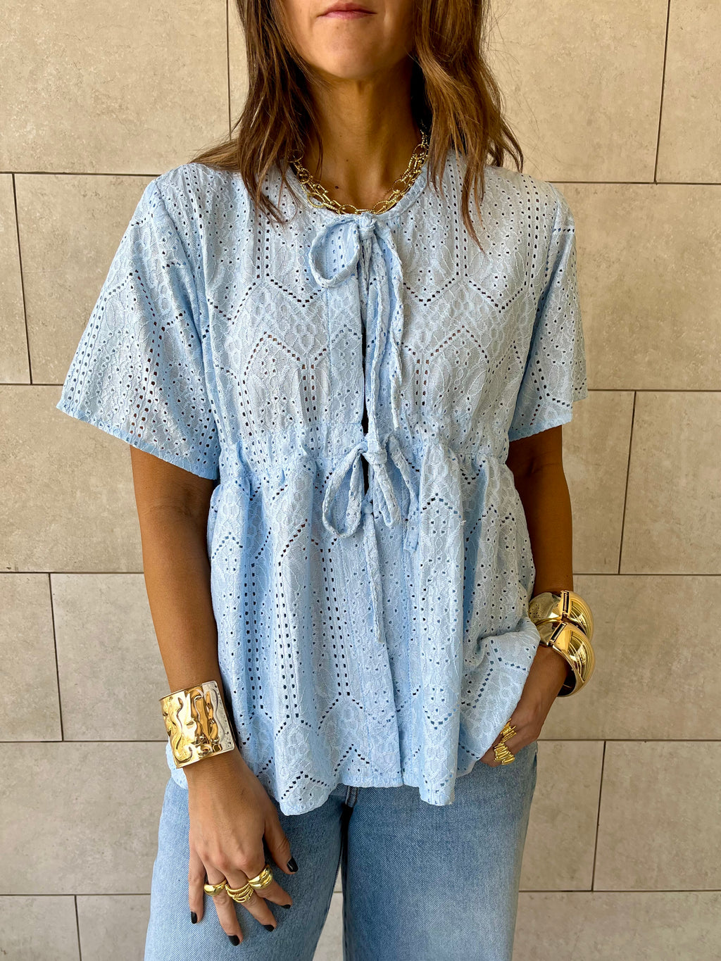 Baby Blue Romantic Eyelet Shirt Top
