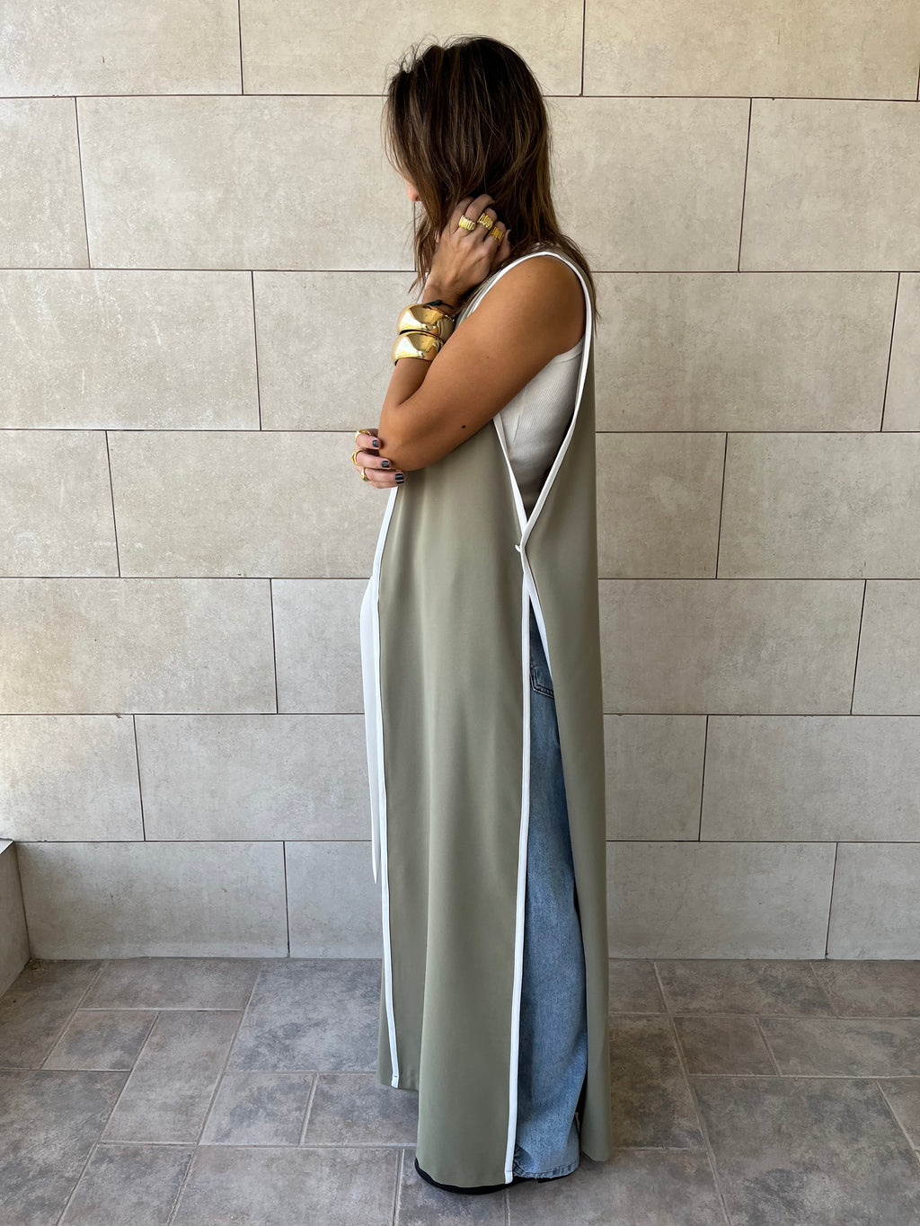 Olive Longline Tie Vest