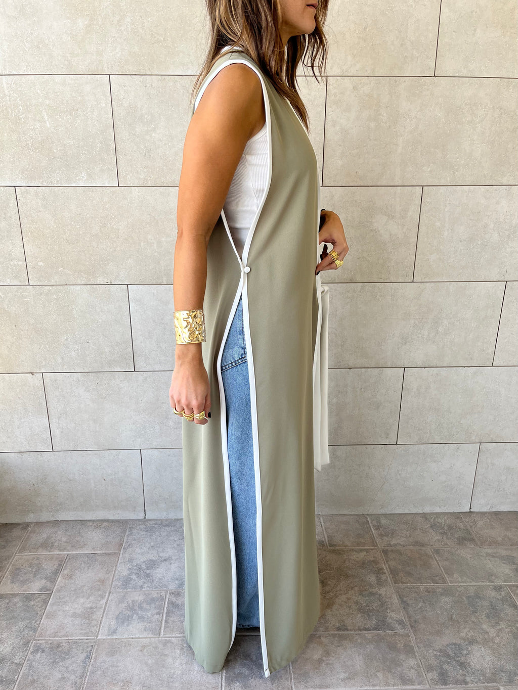 Olive Longline Tie Vest