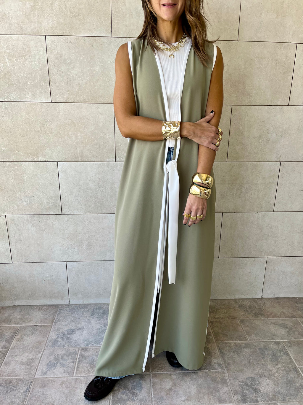 Olive Longline Tie Vest