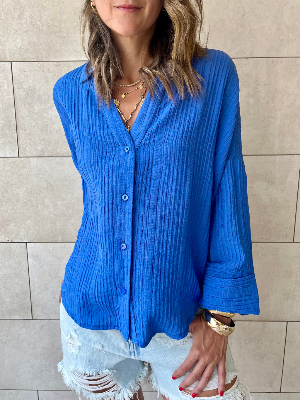Blue Basic Chiffon Essential Shirt