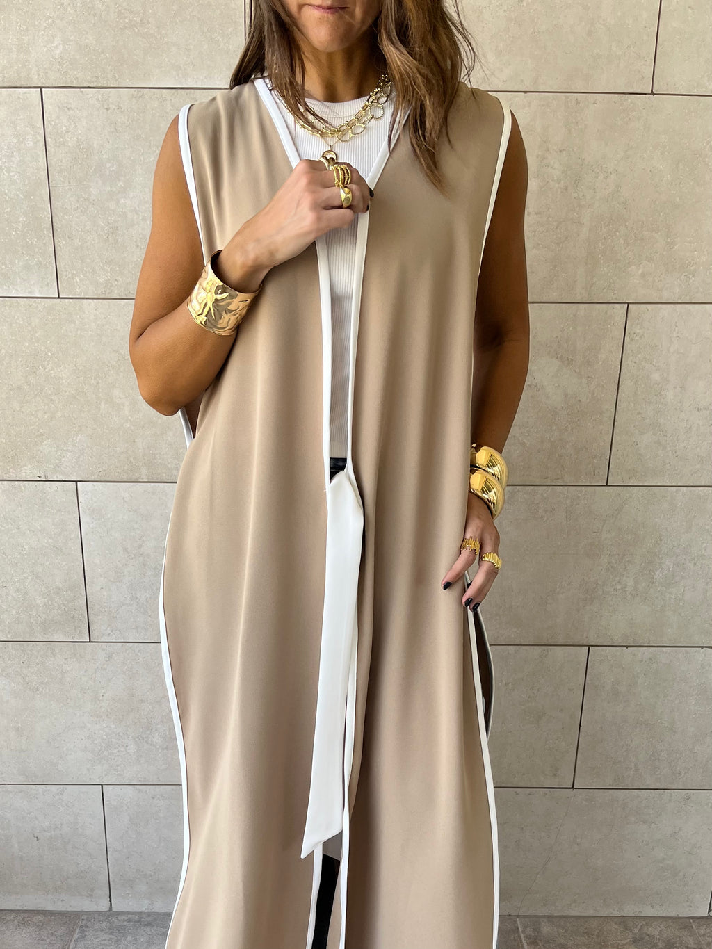Beige Longline Tie Vest