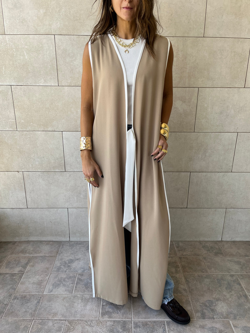 Beige Longline Tie Vest