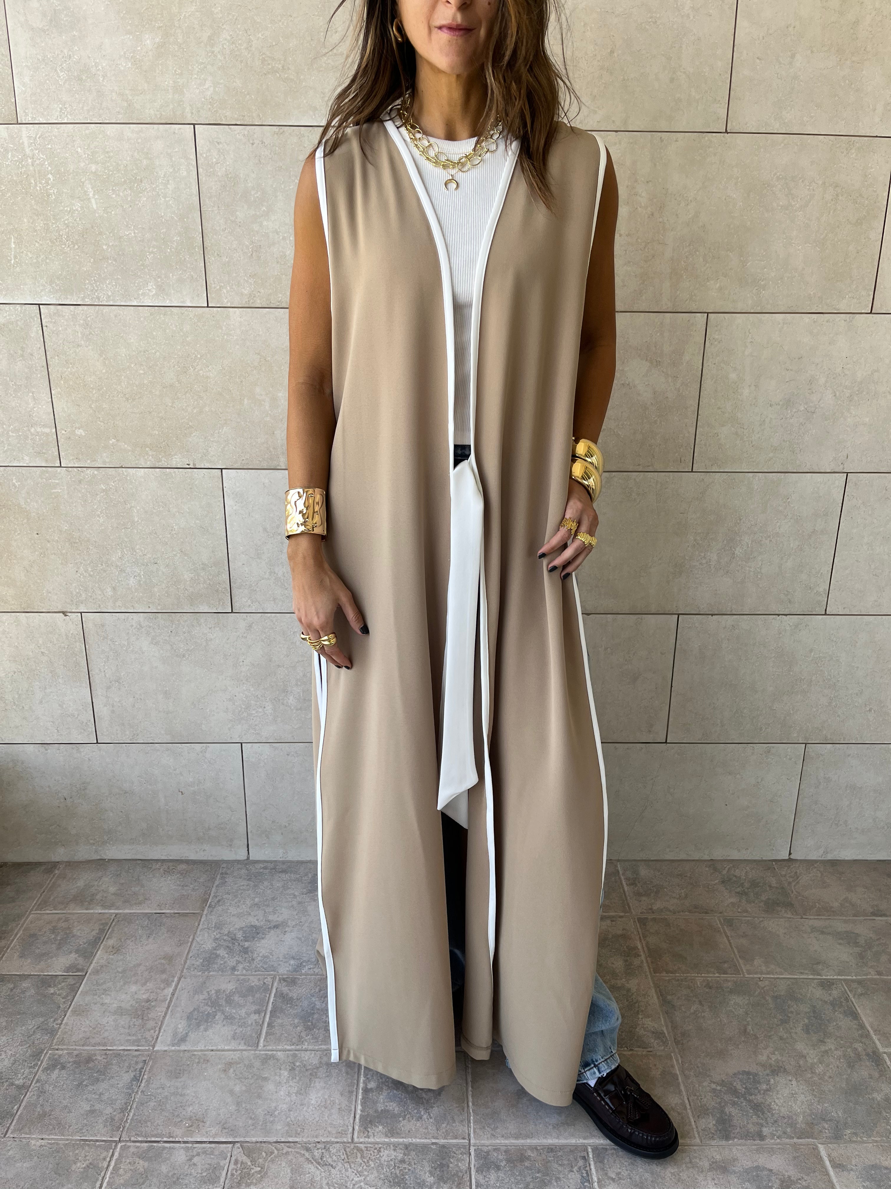 Beige Longline Tie Vest