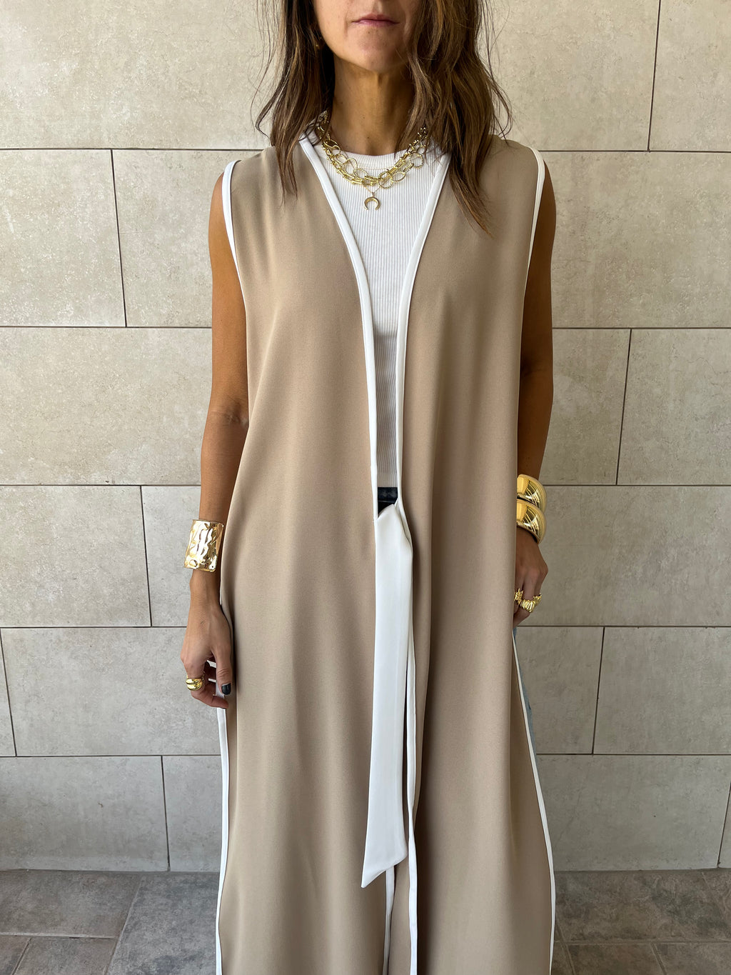 Beige Longline Tie Vest