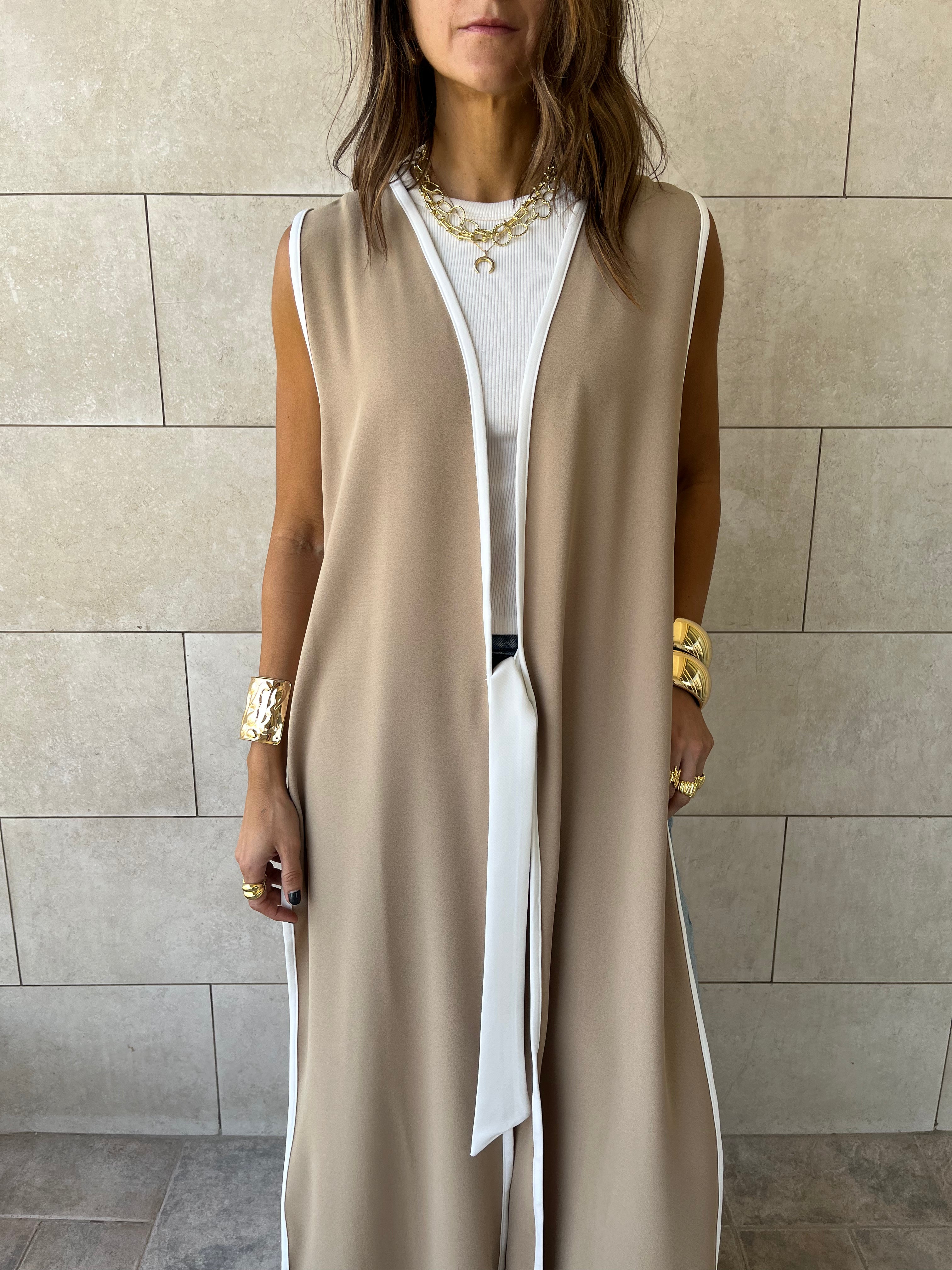 Beige Longline Tie Vest