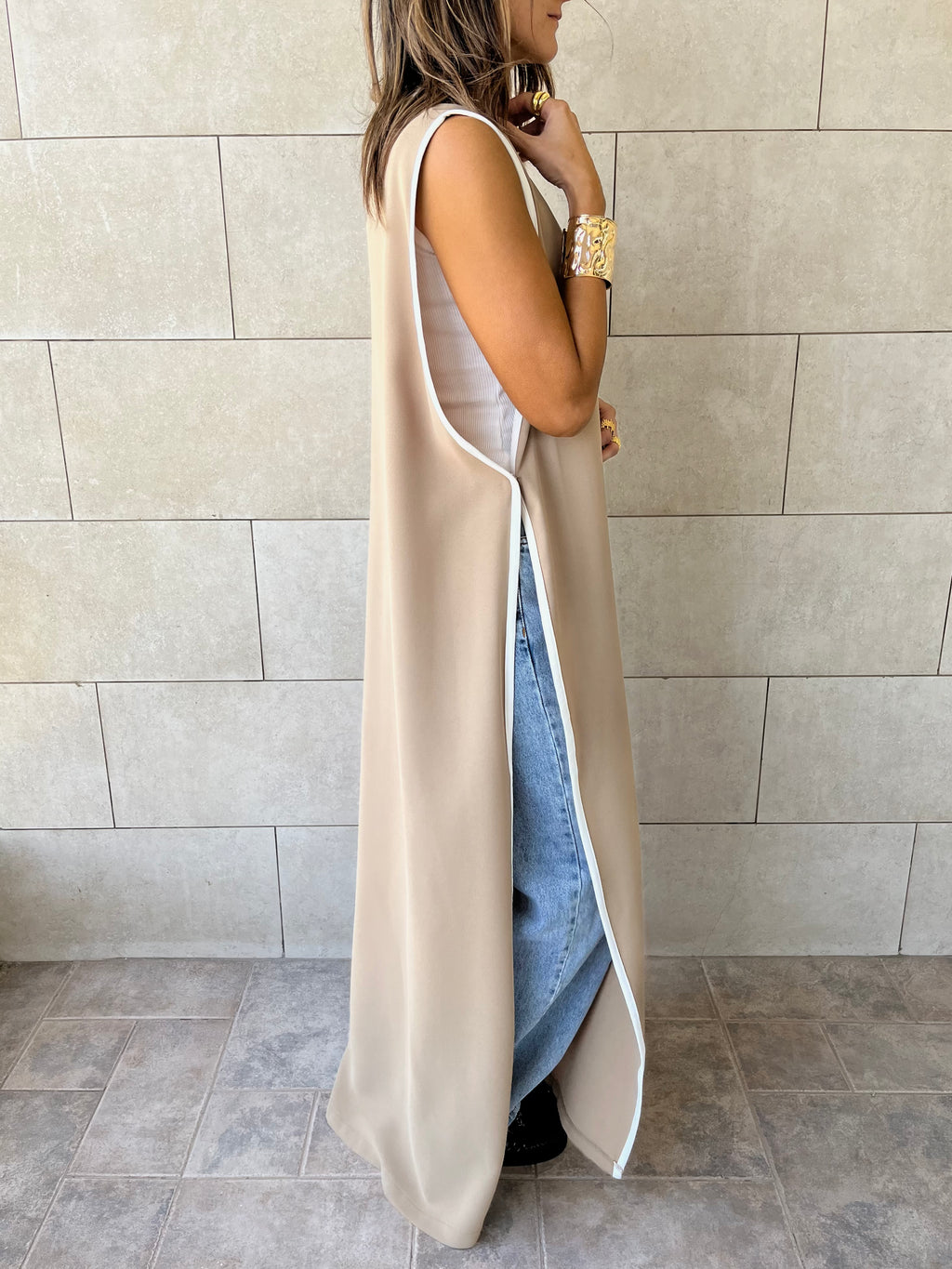 Beige Longline Tie Vest