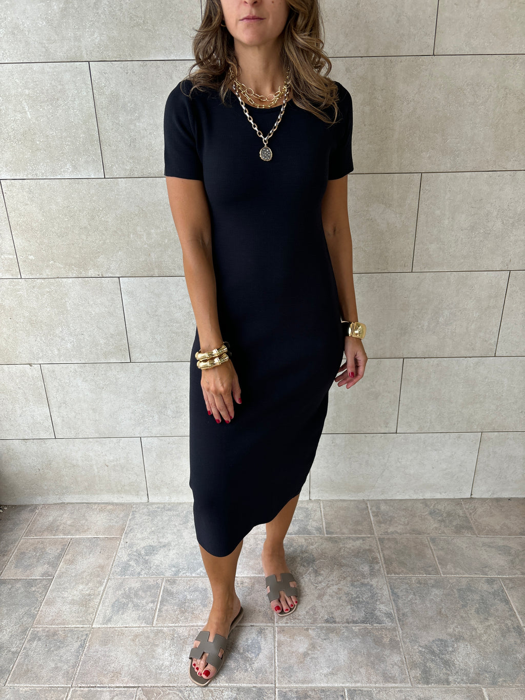 Black 99 Interknit Short Sleeve Basic Dress