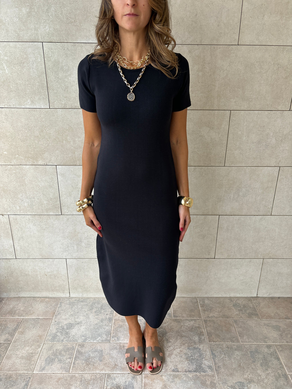 Black 99 Interknit Short Sleeve Basic Dress