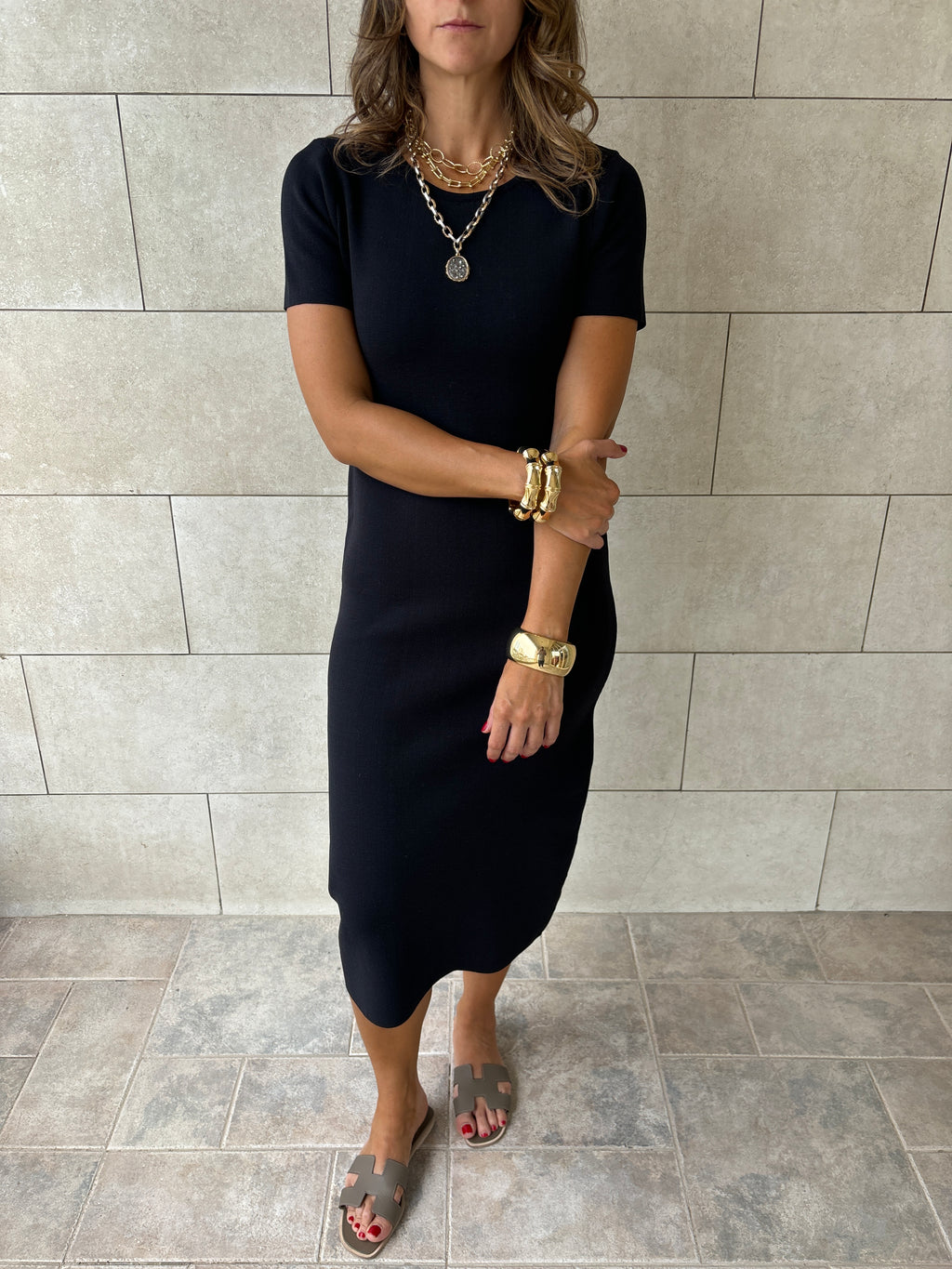 Black 99 Interknit Short Sleeve Basic Dress