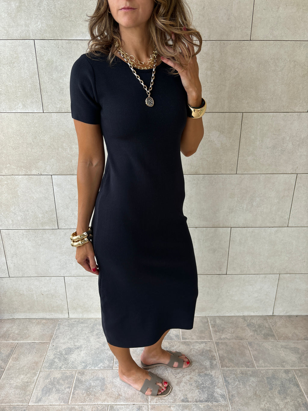 Black 99 Interknit Short Sleeve Basic Dress