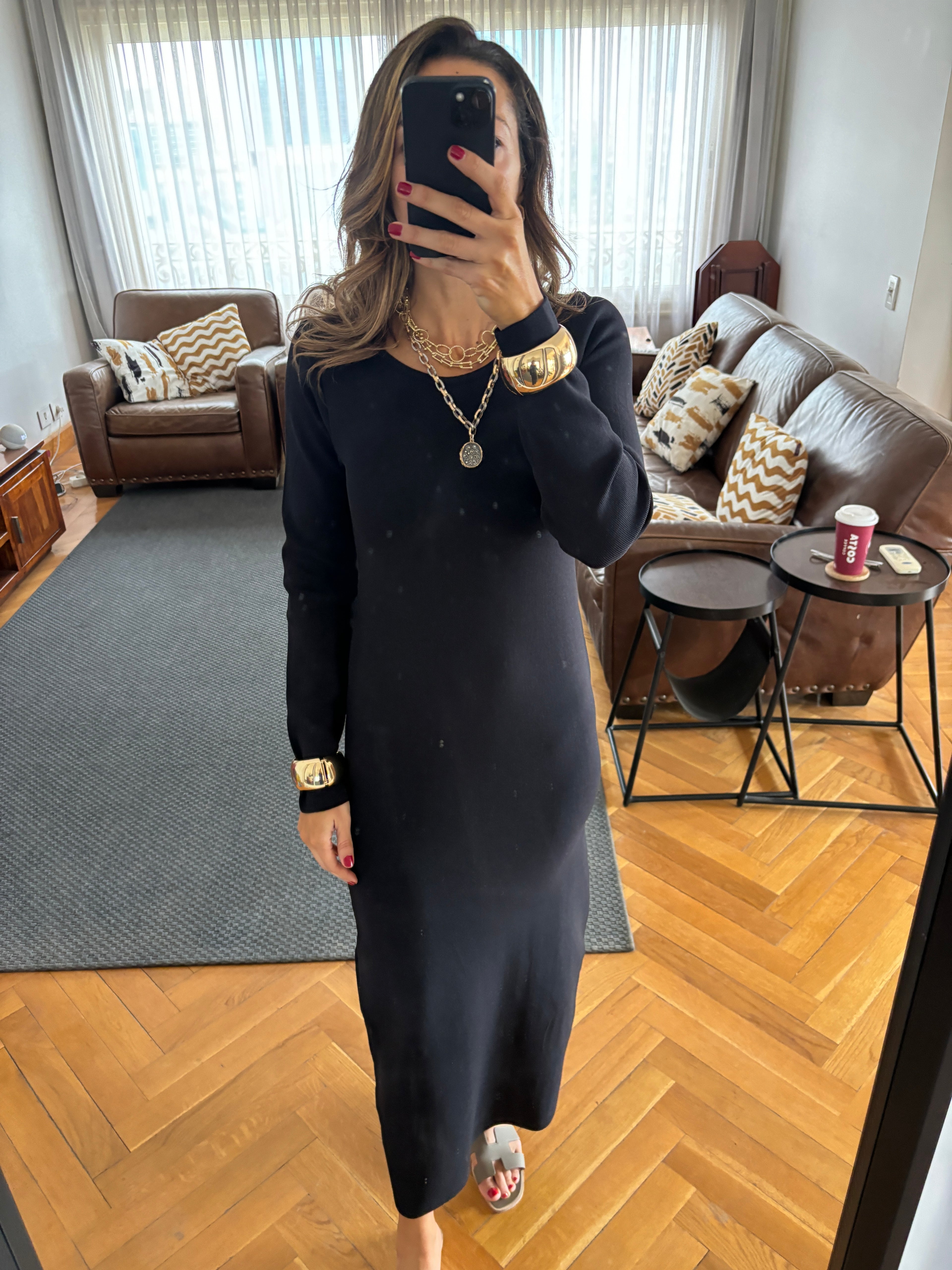 Black 99 Interknit Long Sleeve Basic Dress