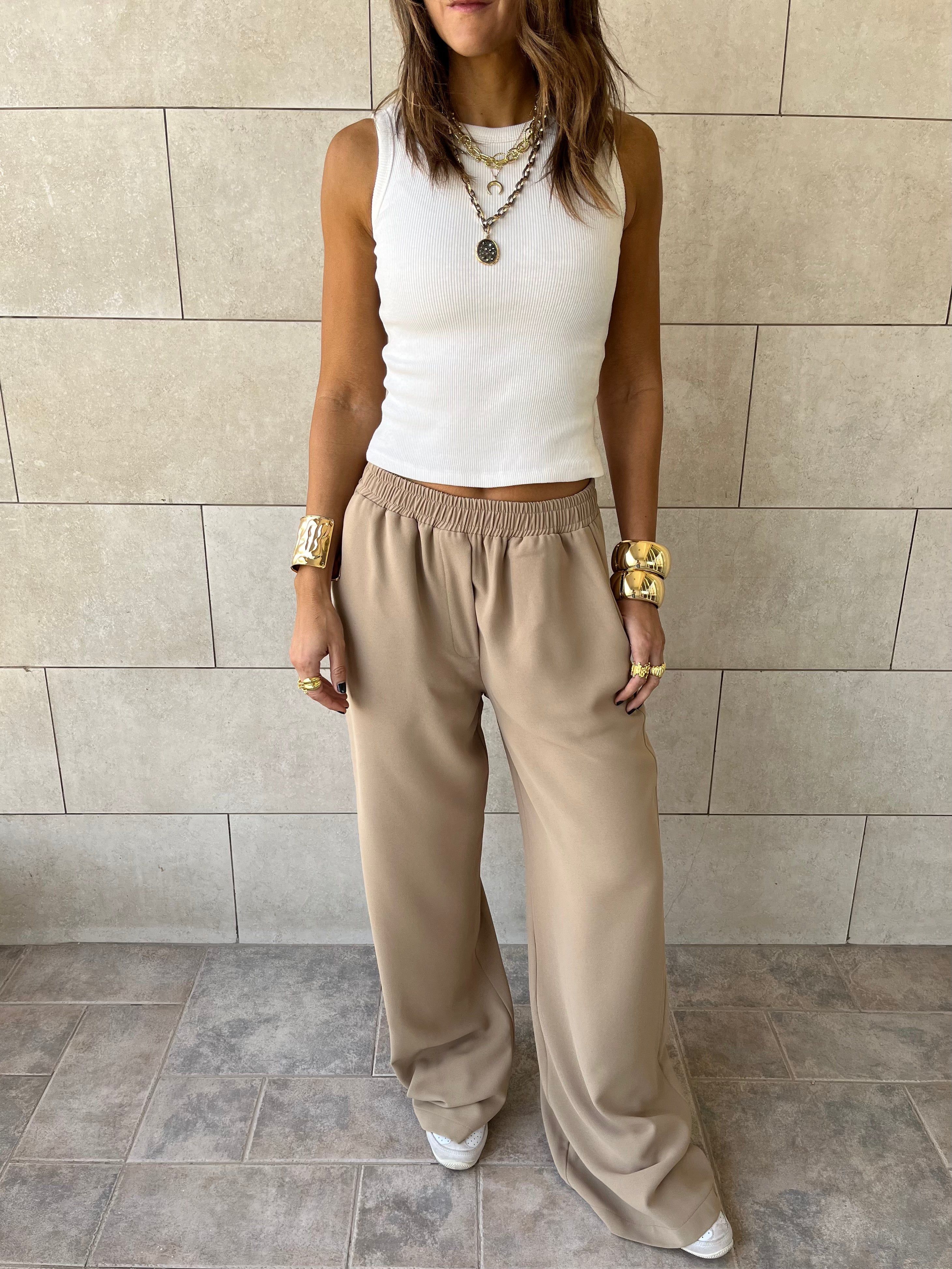 Beige Elastic Working Pants