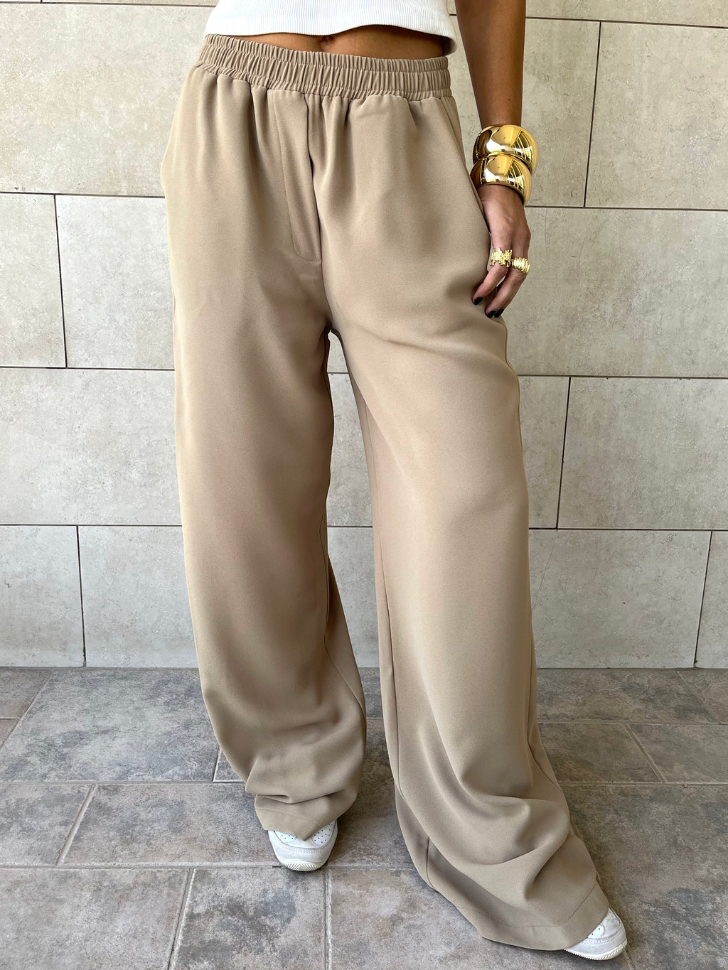 Beige Elastic Working Pants