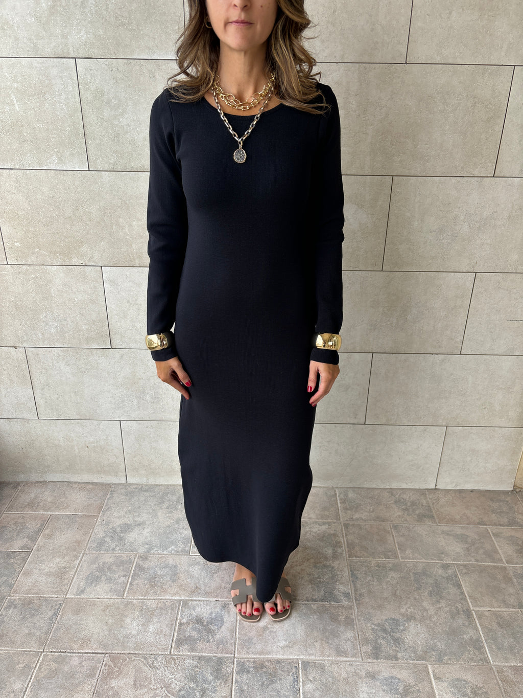 Black 99 Interknit Long Sleeve Basic Dress