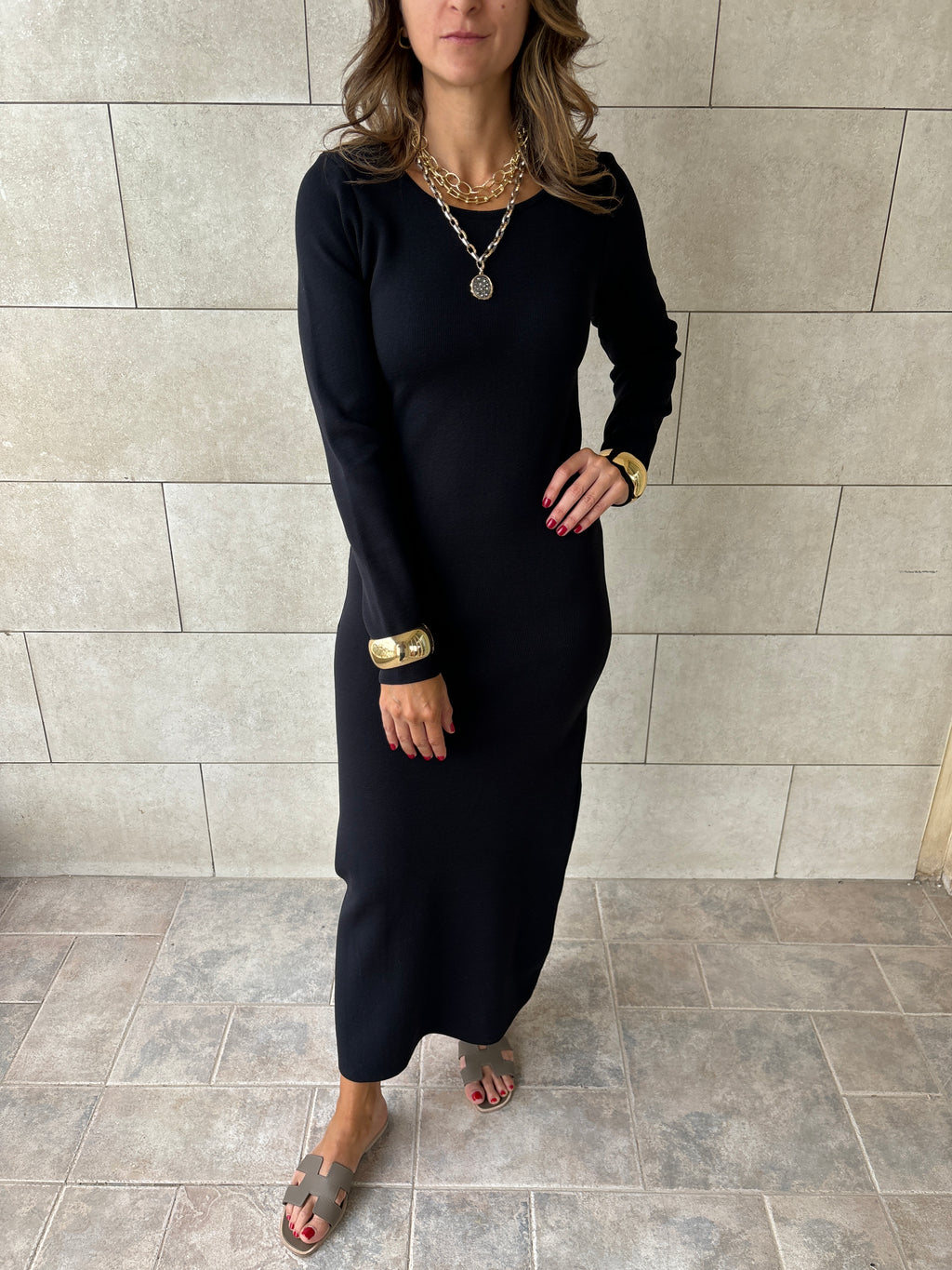 Black 99 Interknit Long Sleeve Basic Dress