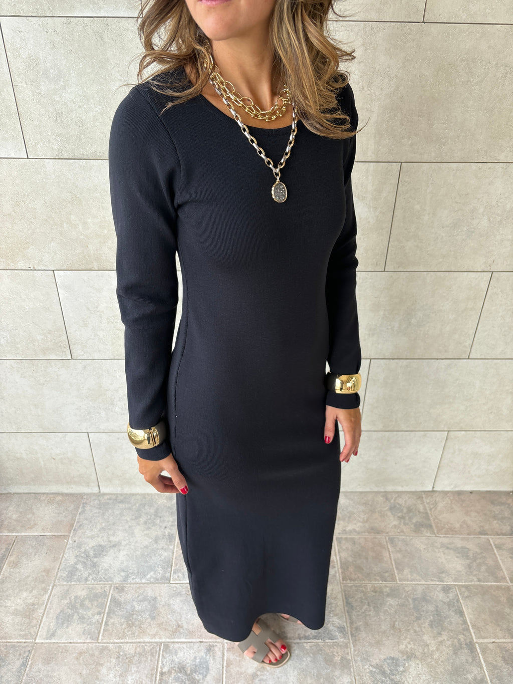 Black 99 Interknit Long Sleeve Basic Dress