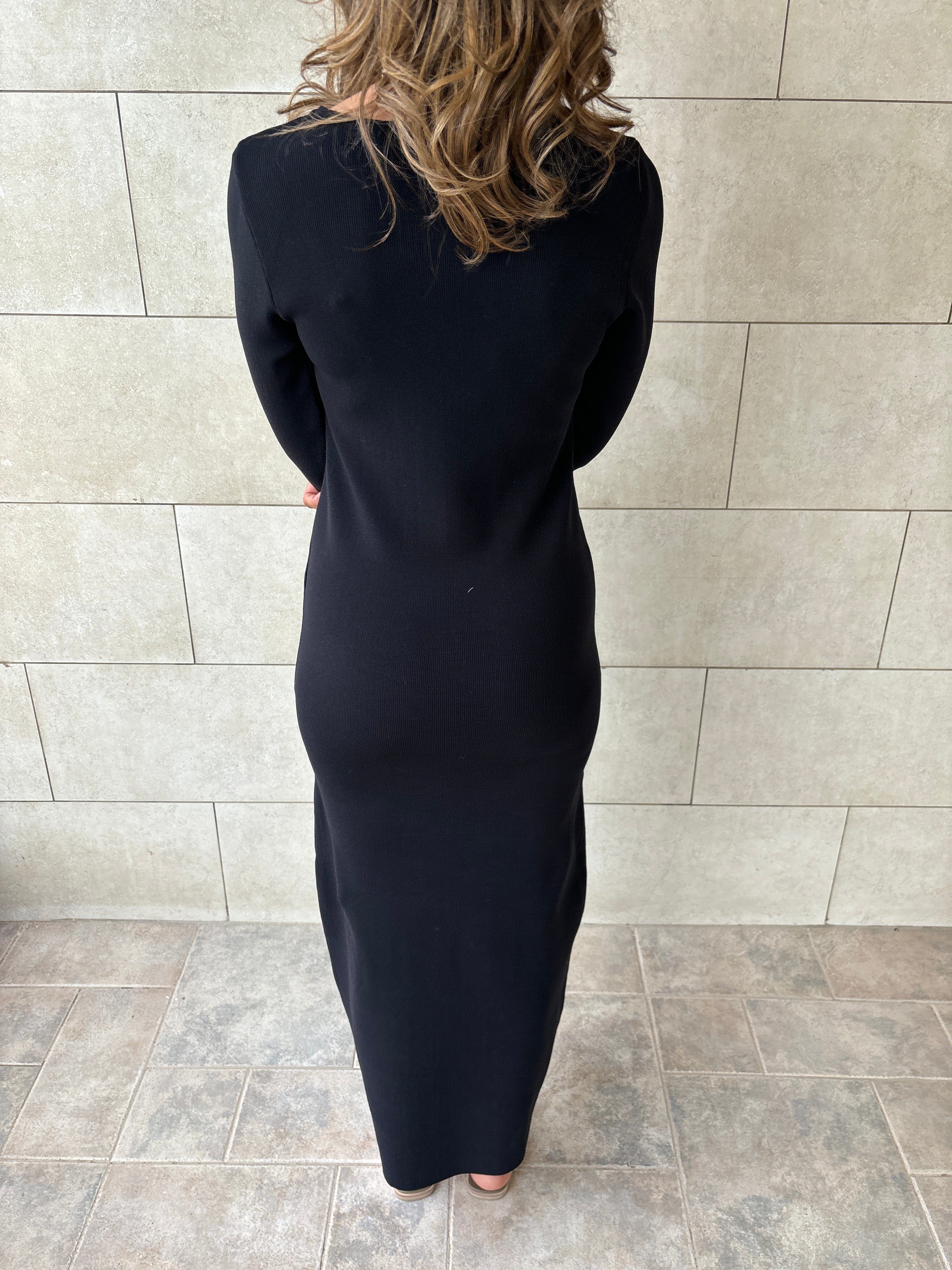 Black 99 Interknit Long Sleeve Basic Dress