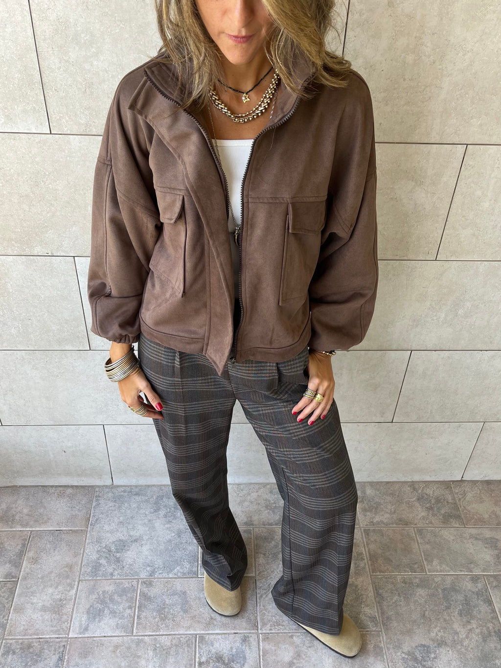 Brown Funnel Neck Suede Jacket