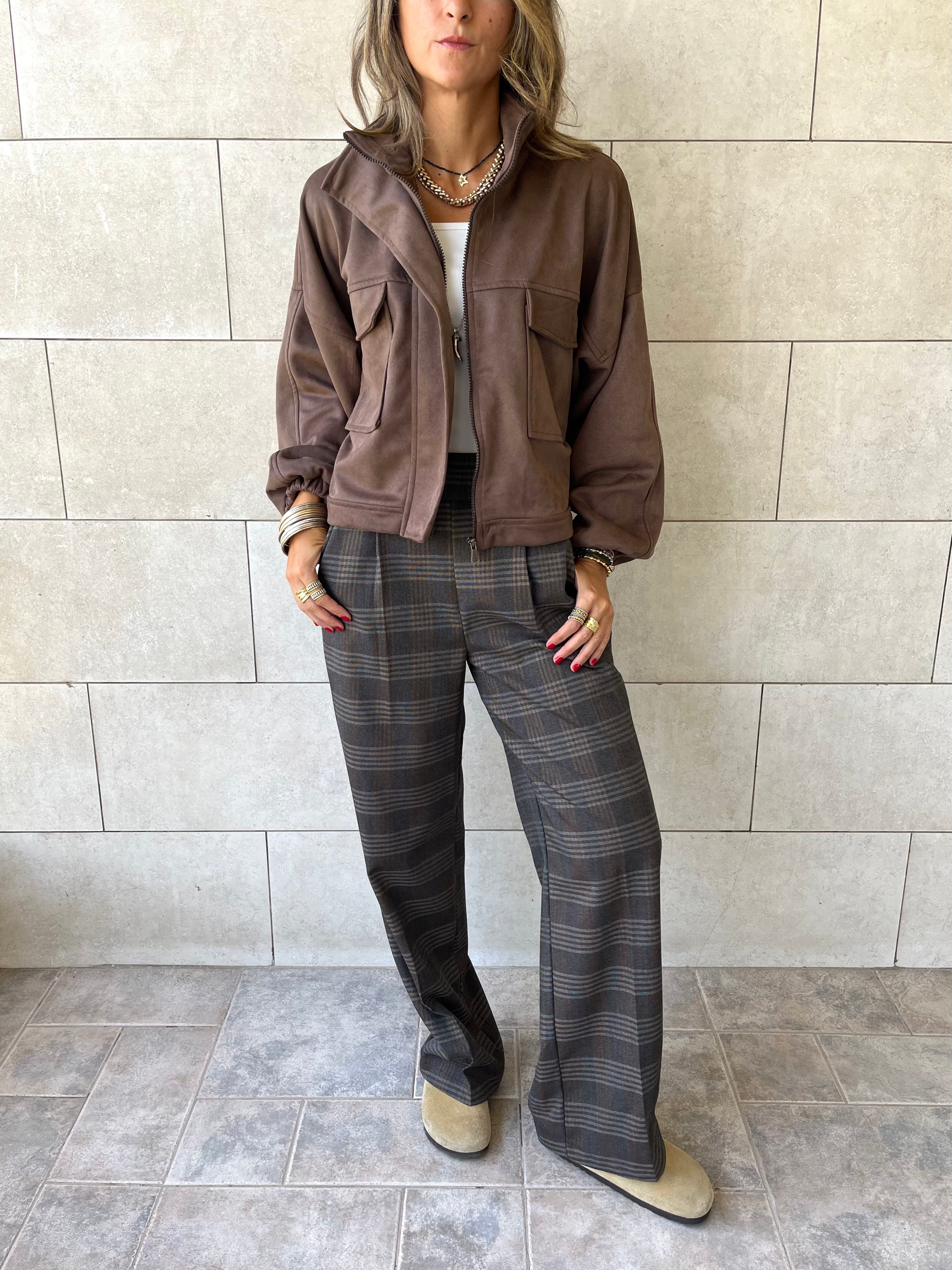 Brown Funnel Neck Suede Jacket