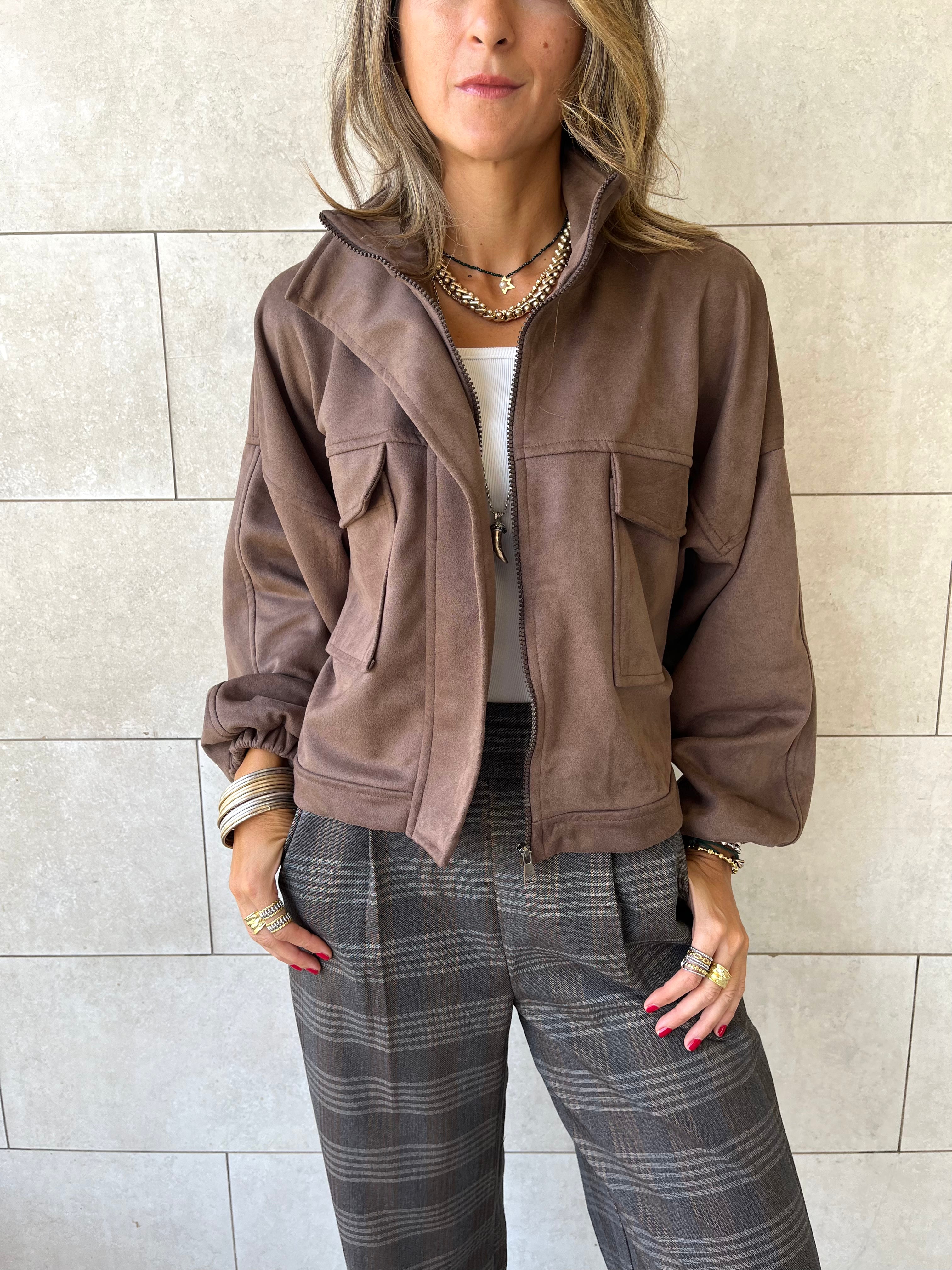 Brown Funnel Neck Suede Jacket