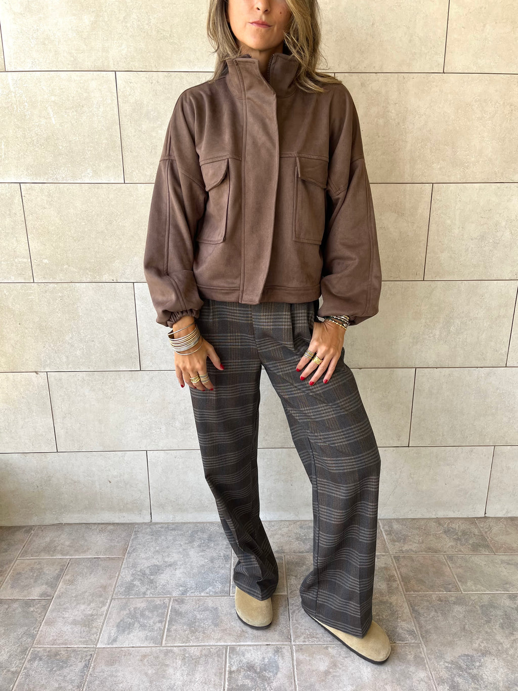 Brown Funnel Neck Suede Jacket