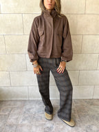 Brown Funnel Neck Suede Jacket