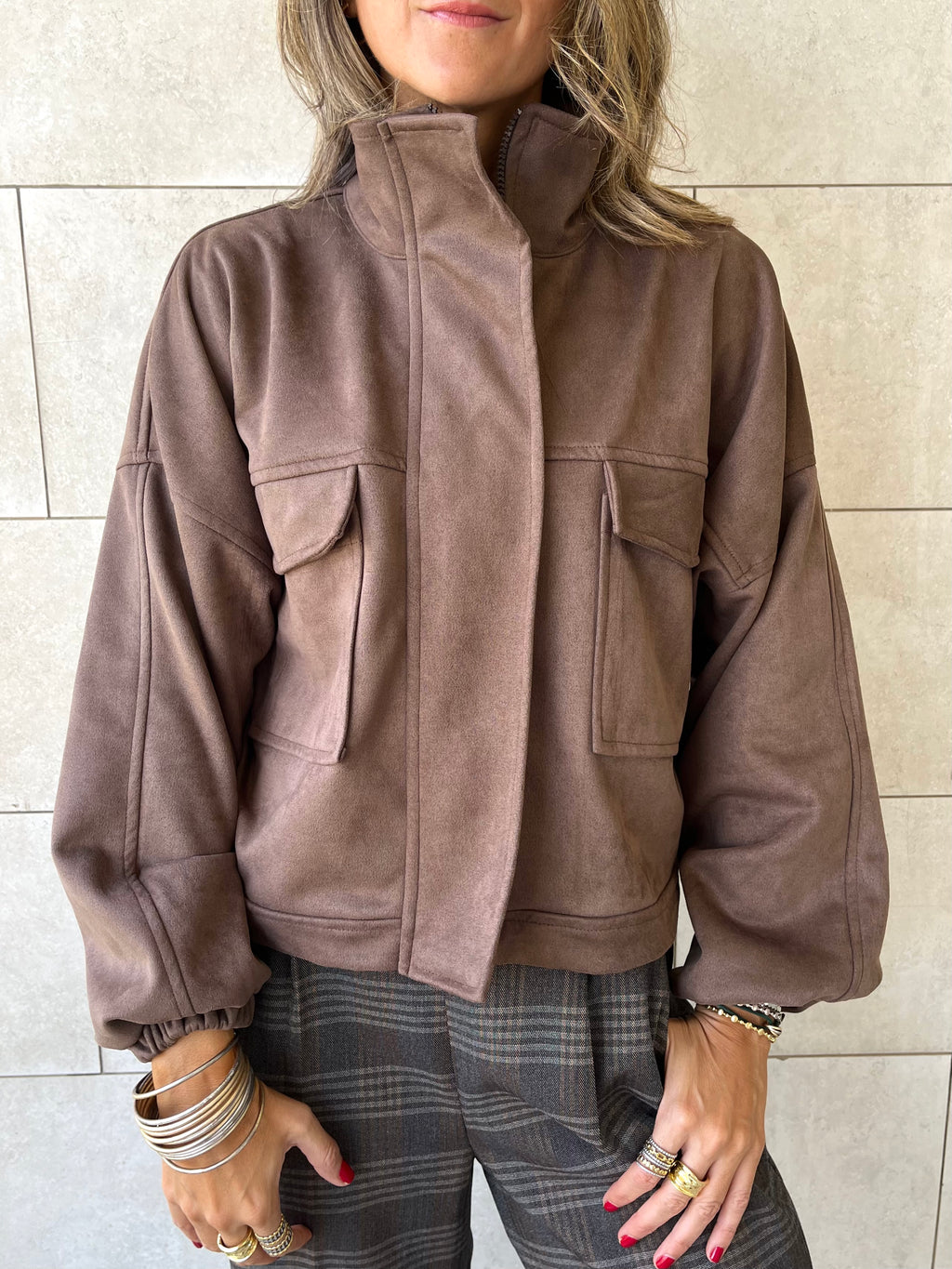Brown Funnel Neck Suede Jacket