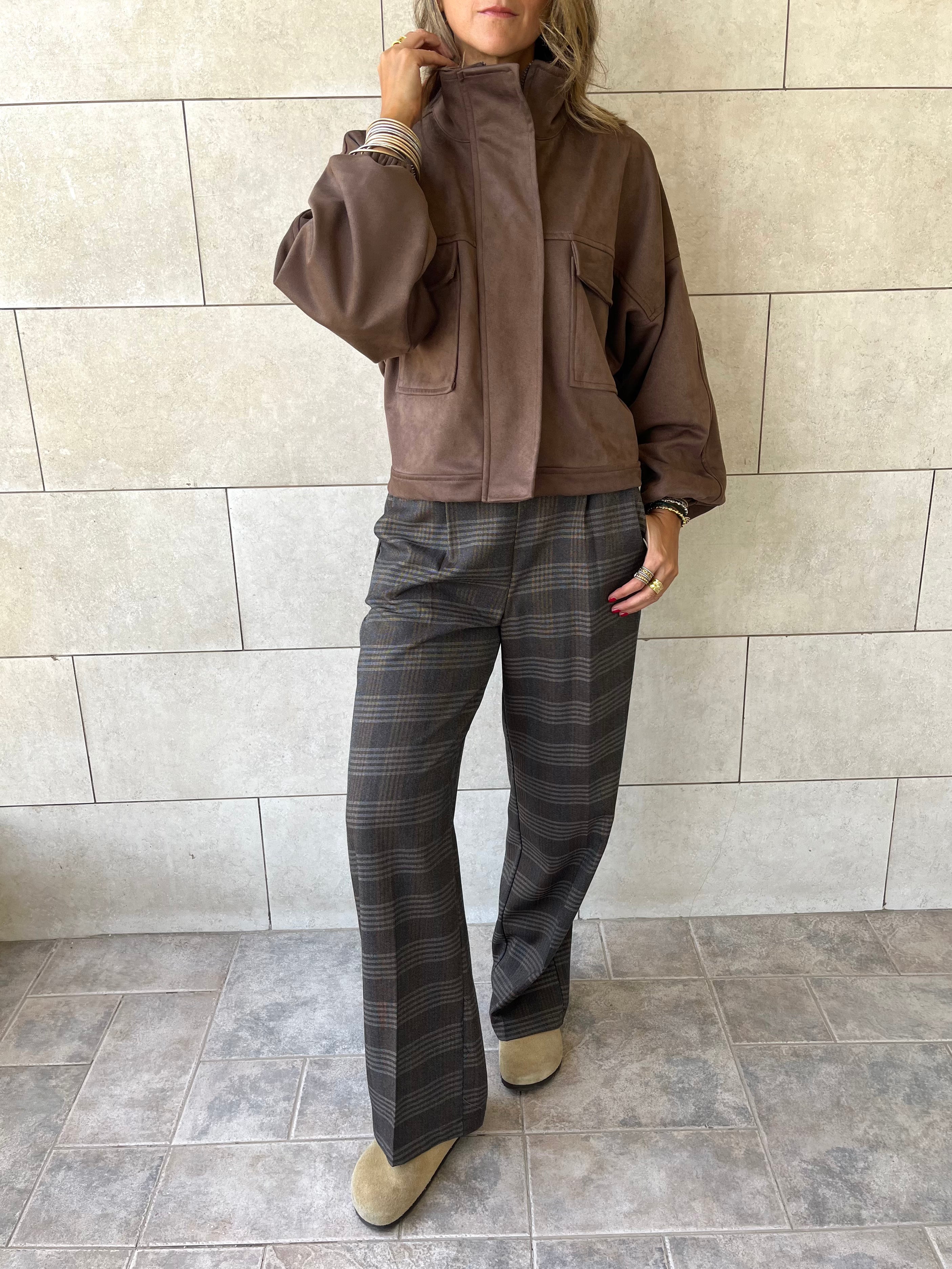 Brown Funnel Neck Suede Jacket