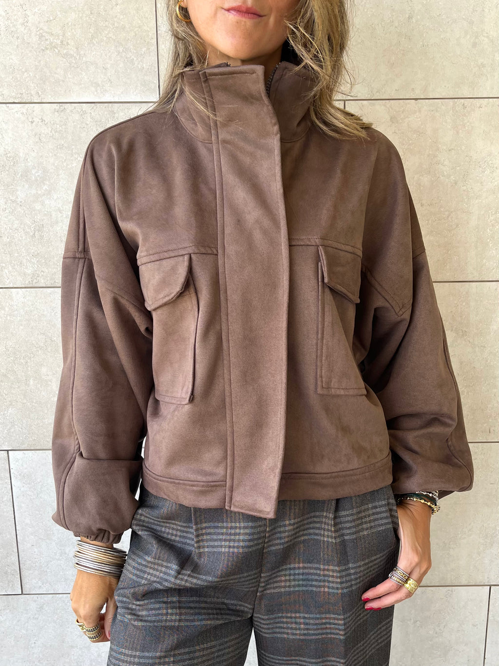 Brown Funnel Neck Suede Jacket