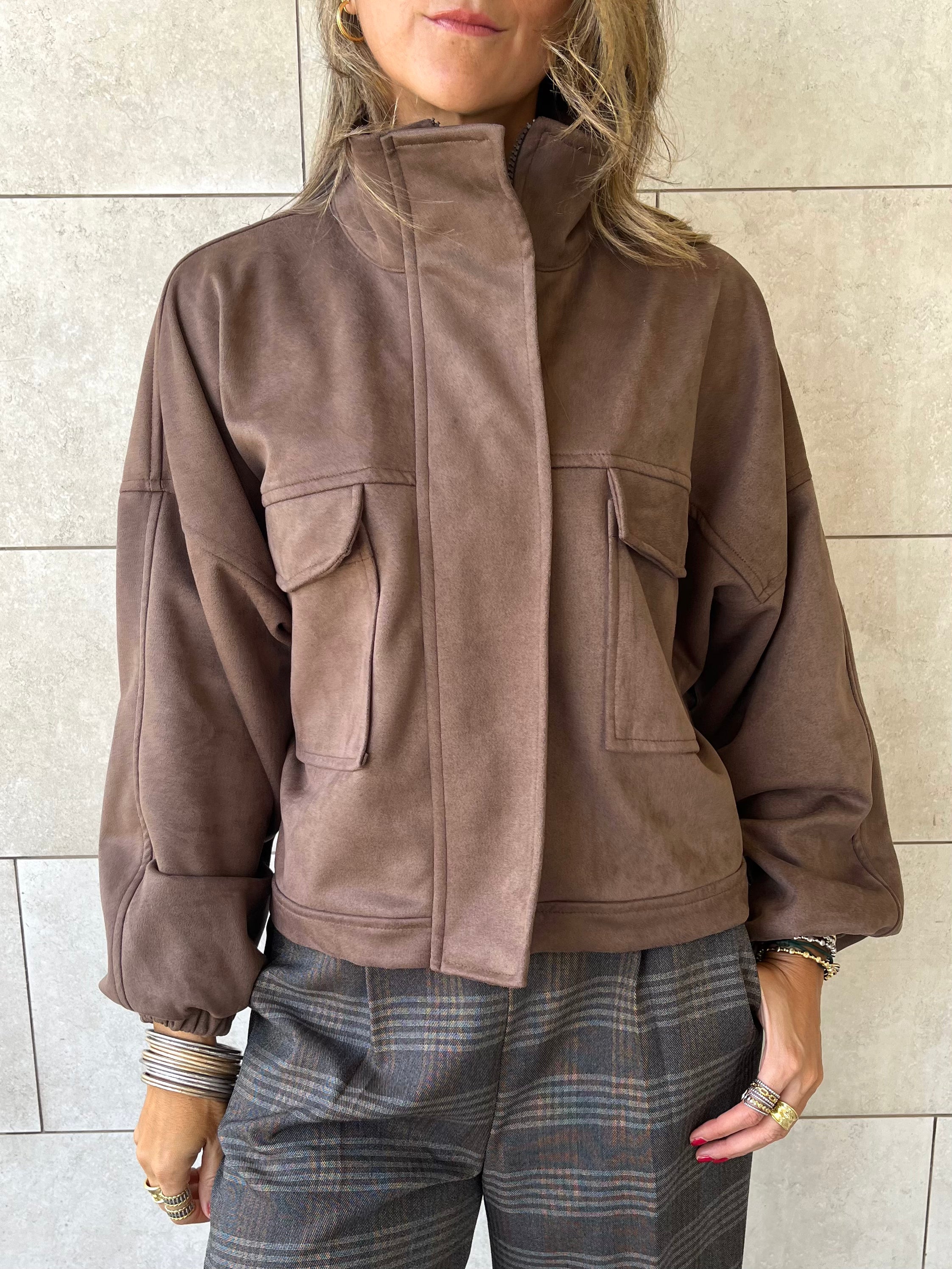 Brown Funnel Neck Suede Jacket