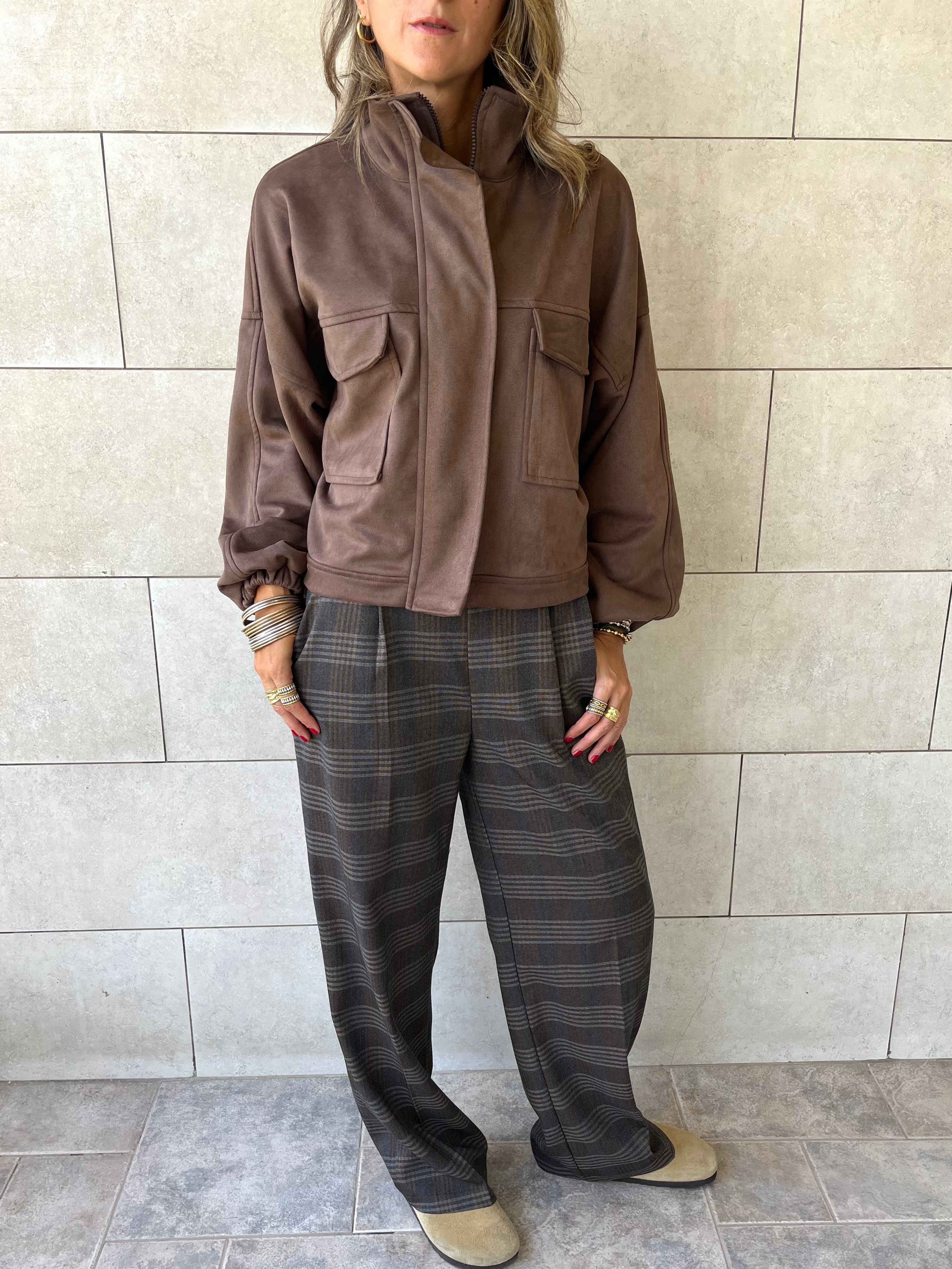 Brown Funnel Neck Suede Jacket