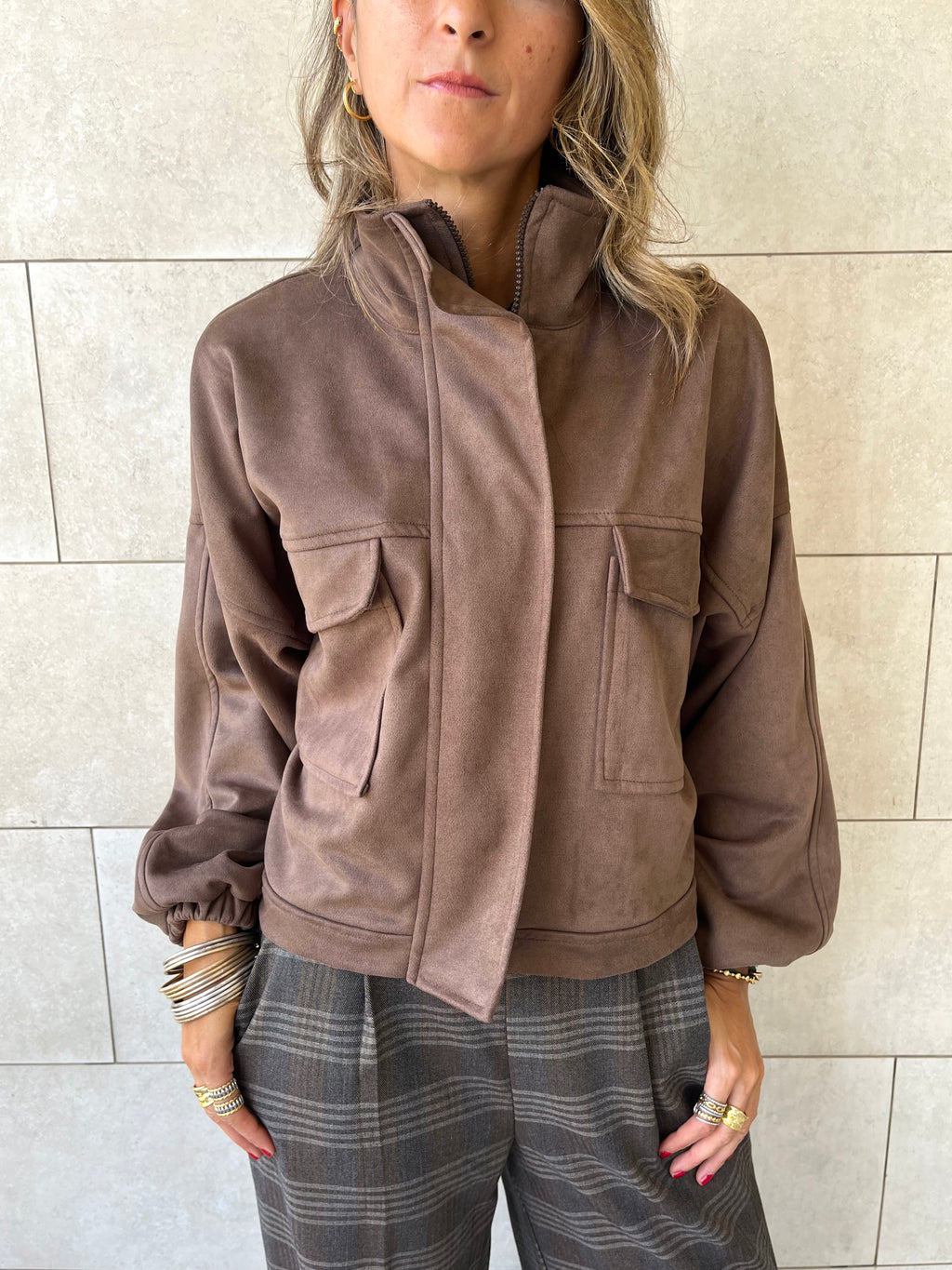 Brown Funnel Neck Suede Jacket