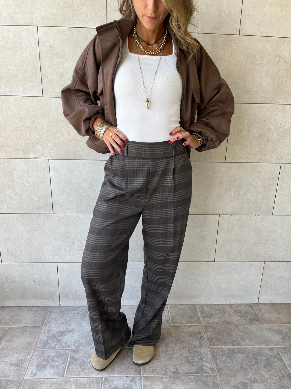 Brown Checkered  Frillu Signature Pleated Pants