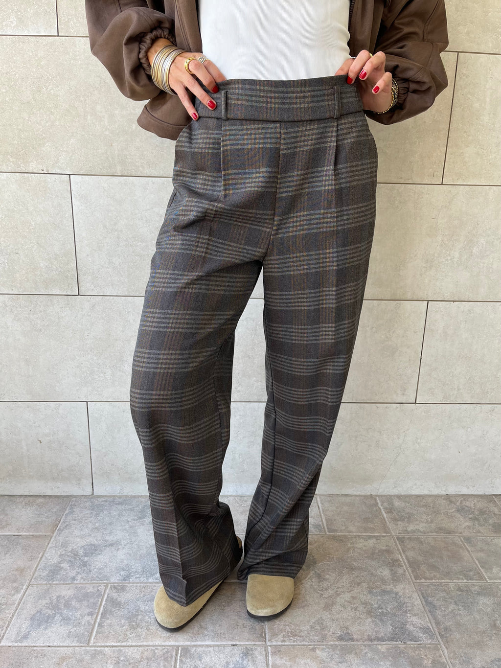 Brown Checkered  Frillu Signature Pleated Pants