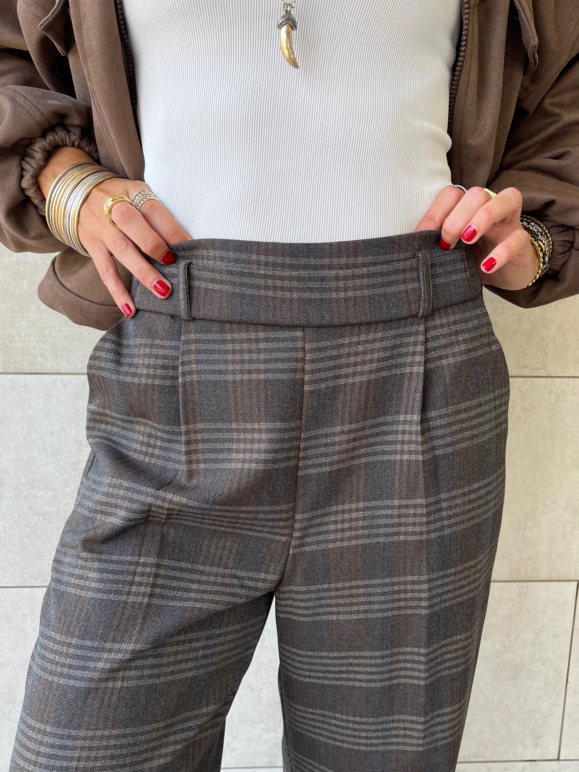 Brown Checkered  Frillu Signature Pleated Pants