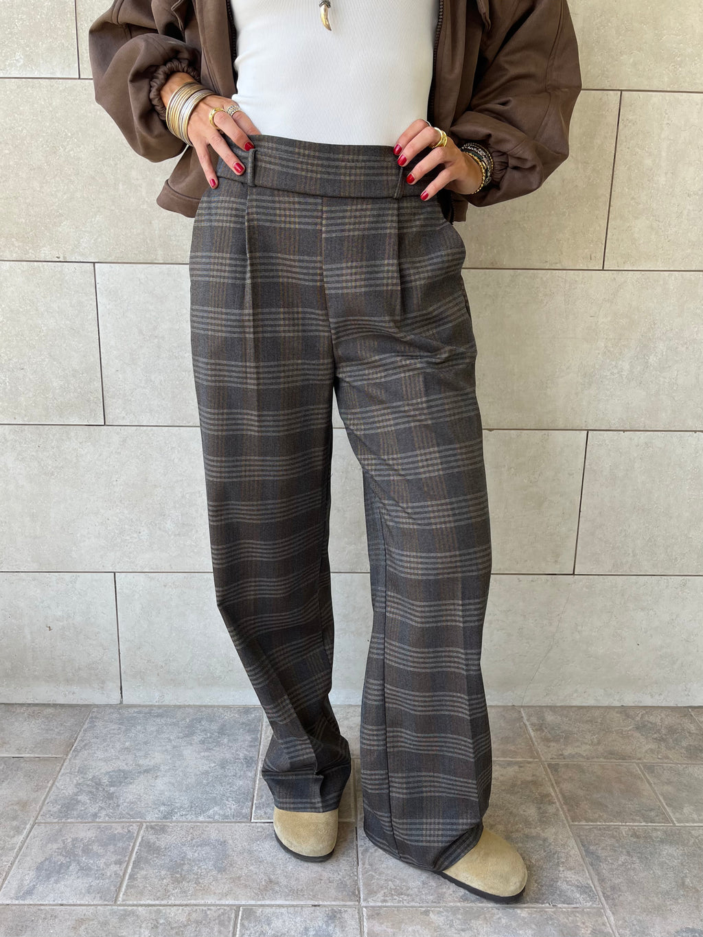 Brown Checkered  Frillu Signature Pleated Pants
