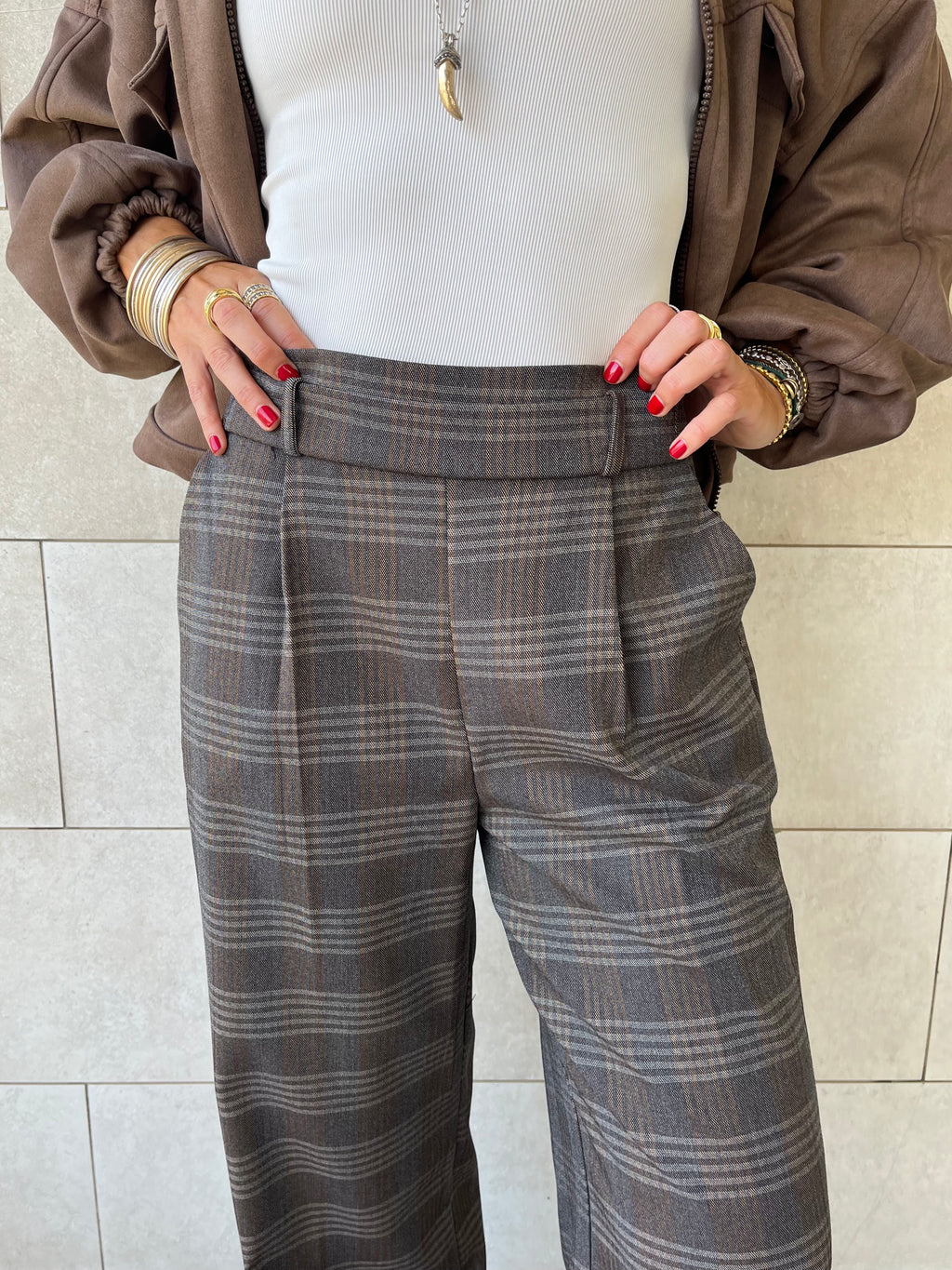 Brown Checkered  Frillu Signature Pleated Pants