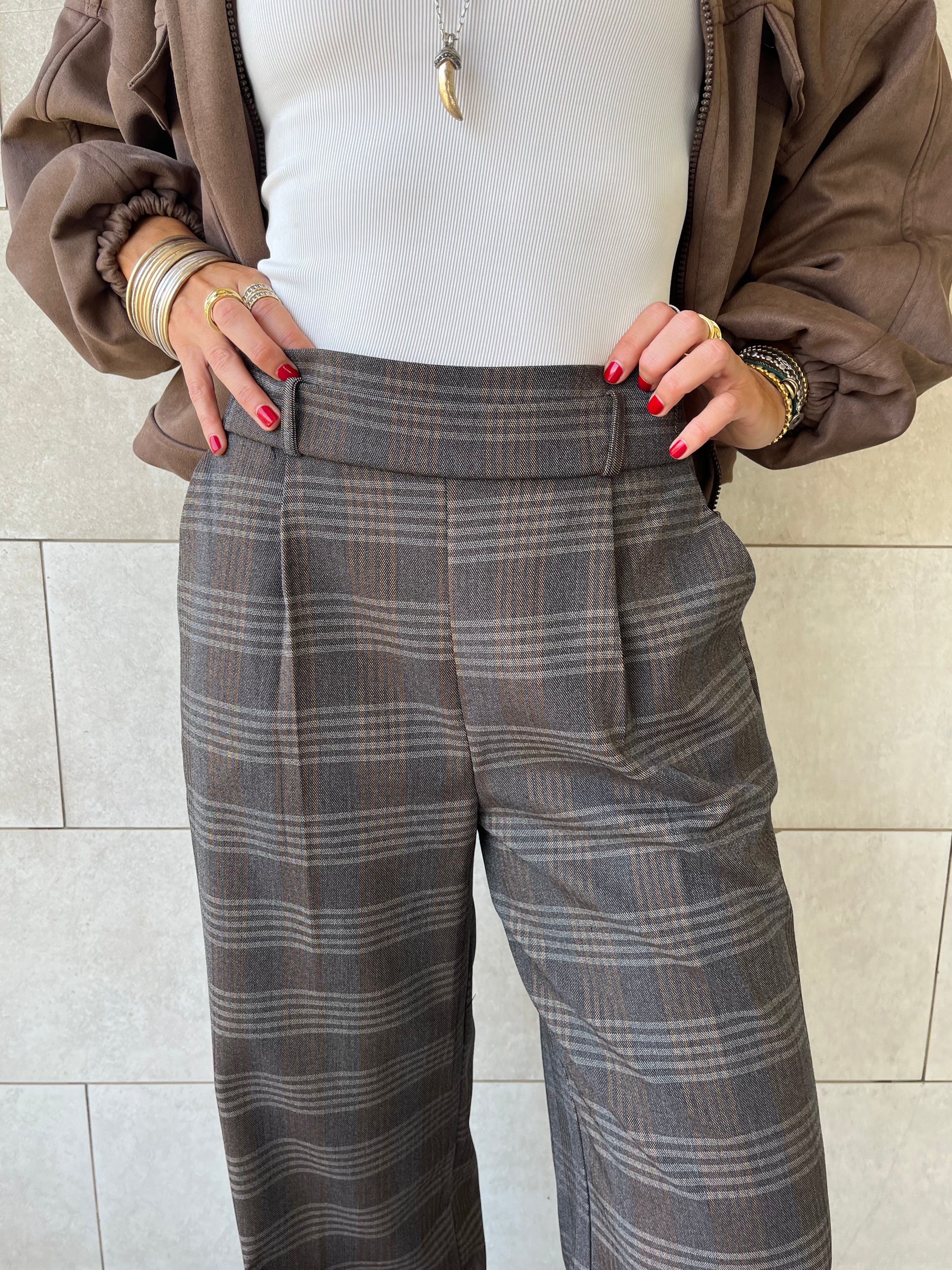 Brown Checkered  Frillu Signature Pleated Pants