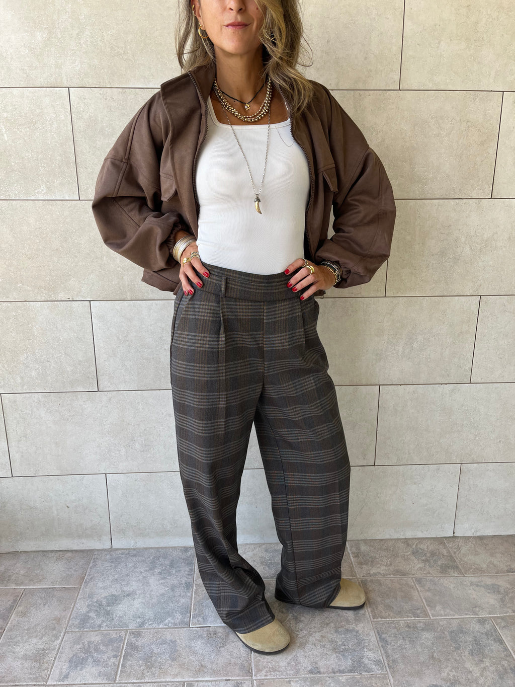 Brown Checkered  Frillu Signature Pleated Pants