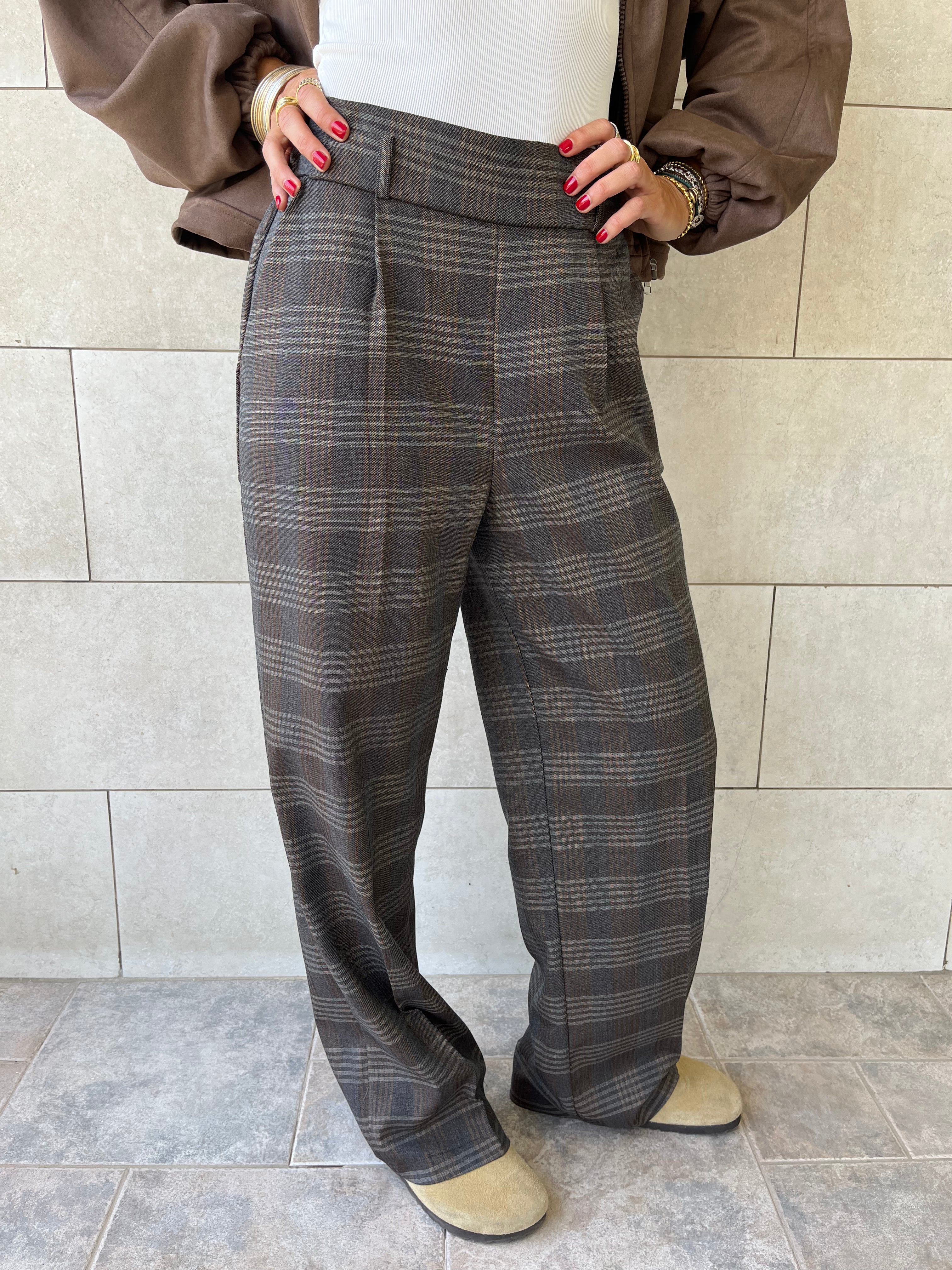 Brown Checkered  Frillu Signature Pleated Pants