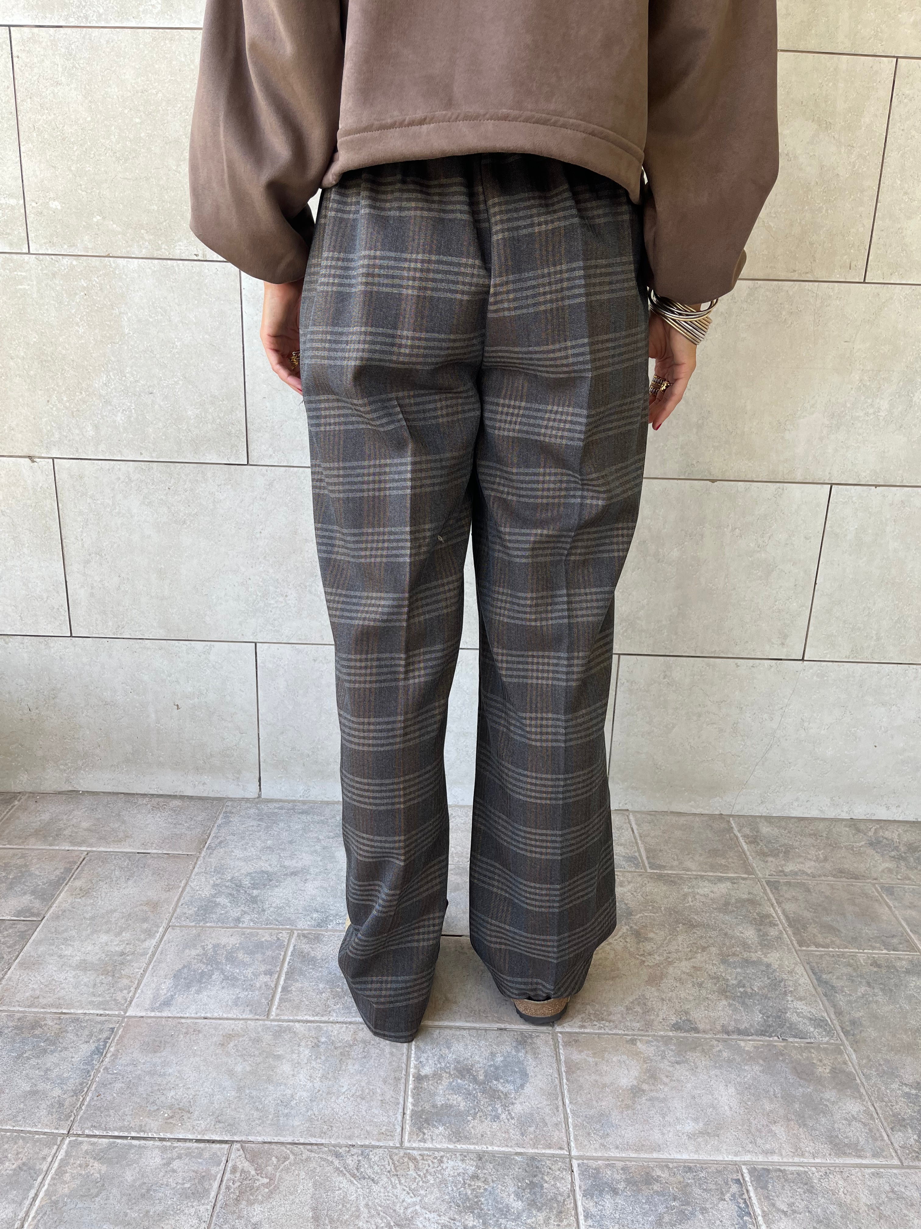 Brown Checkered  Frillu Signature Pleated Pants