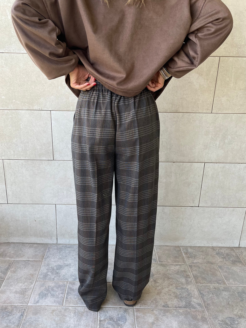 Brown Checkered  Frillu Signature Pleated Pants