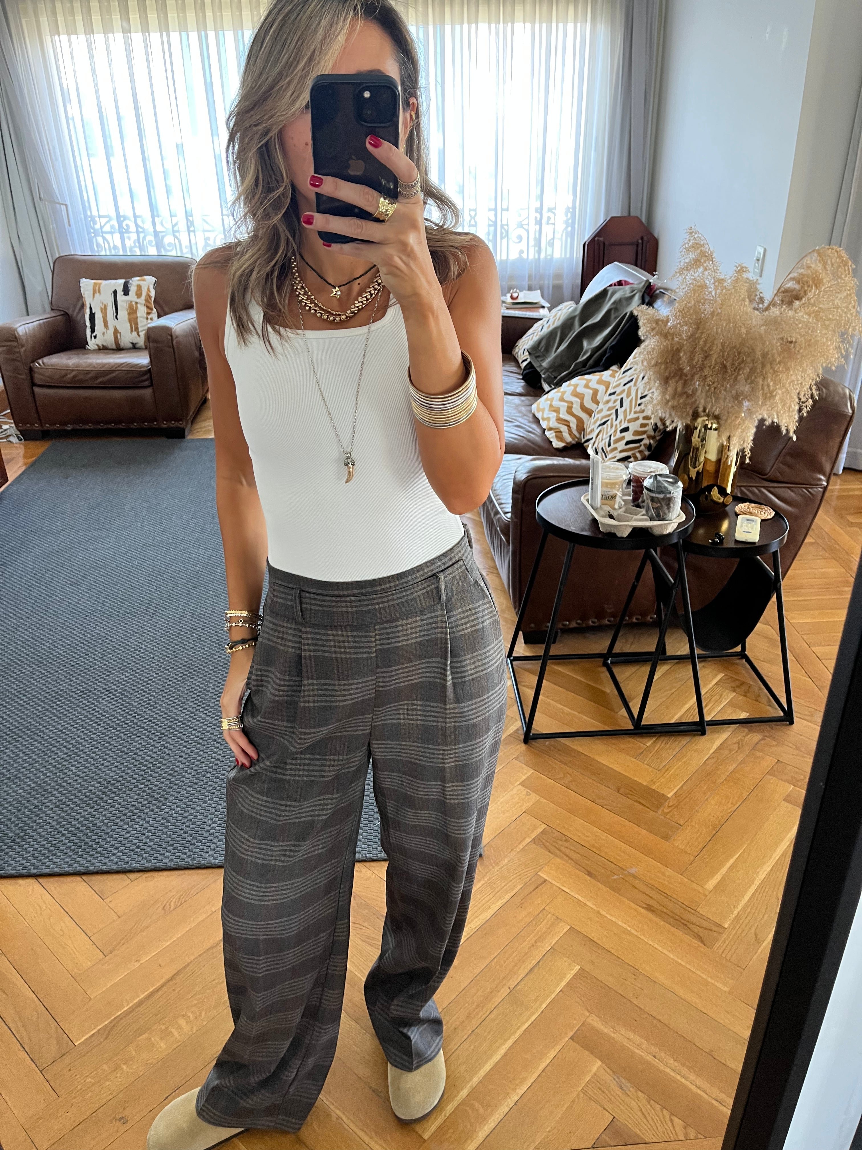 Brown Checkered  Frillu Signature Pleated Pants