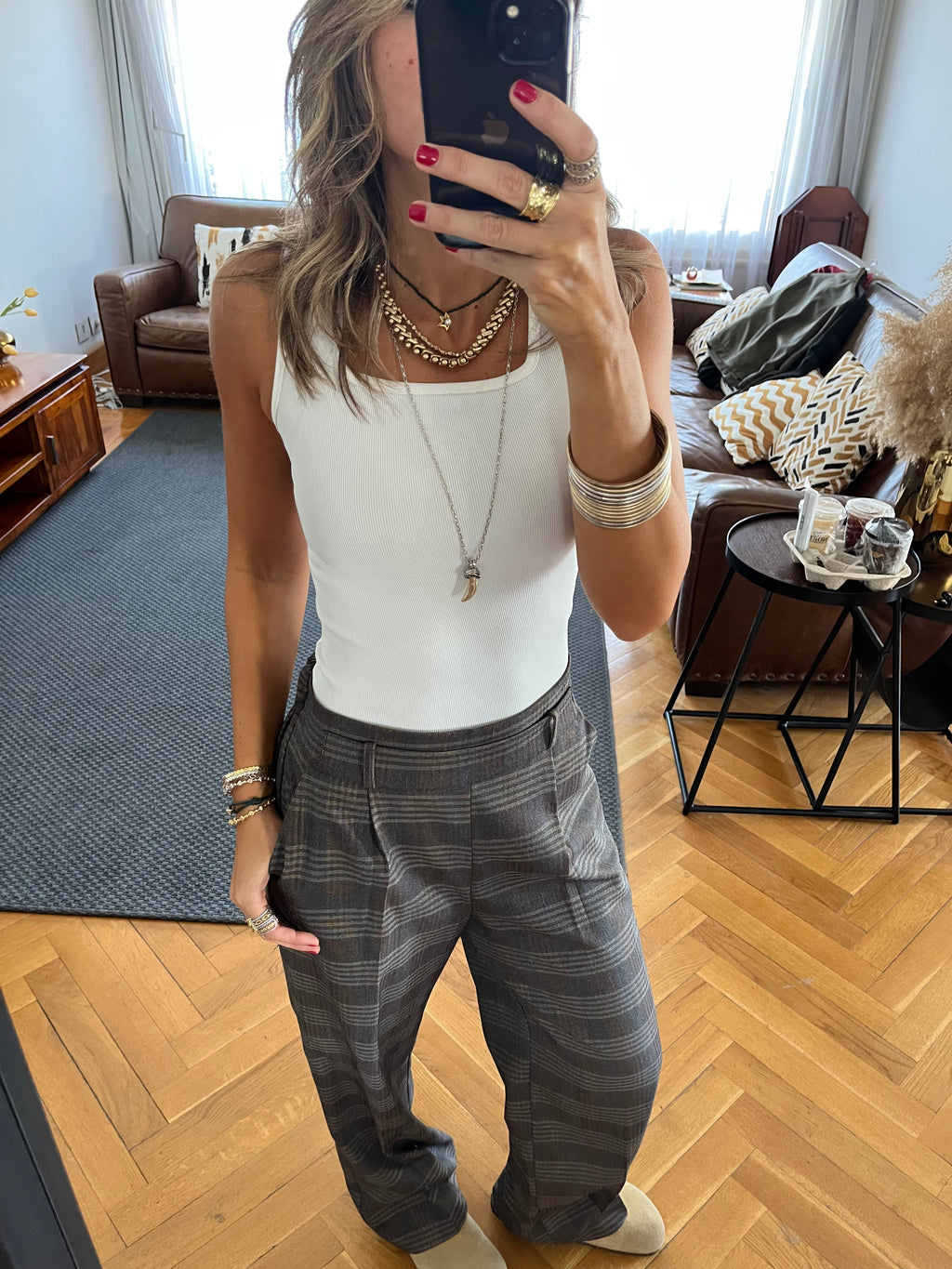 Brown Checkered  Frillu Signature Pleated Pants