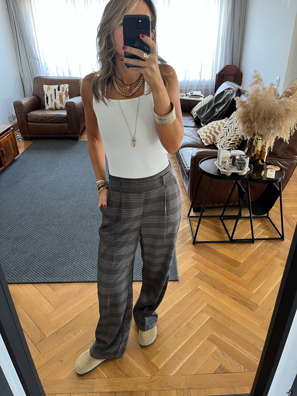 Brown Checkered  Frillu Signature Pleated Pants